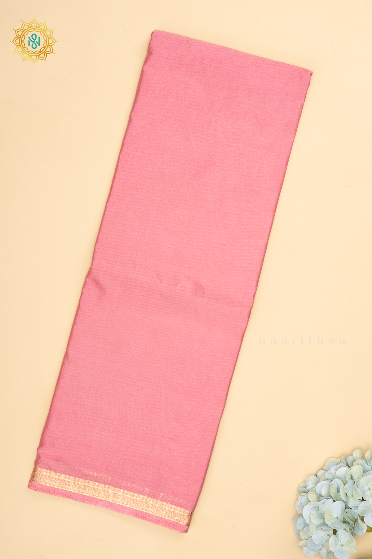 Peachish Pink Semi Mysore Crepe Silk with Plain Body and Zari Border