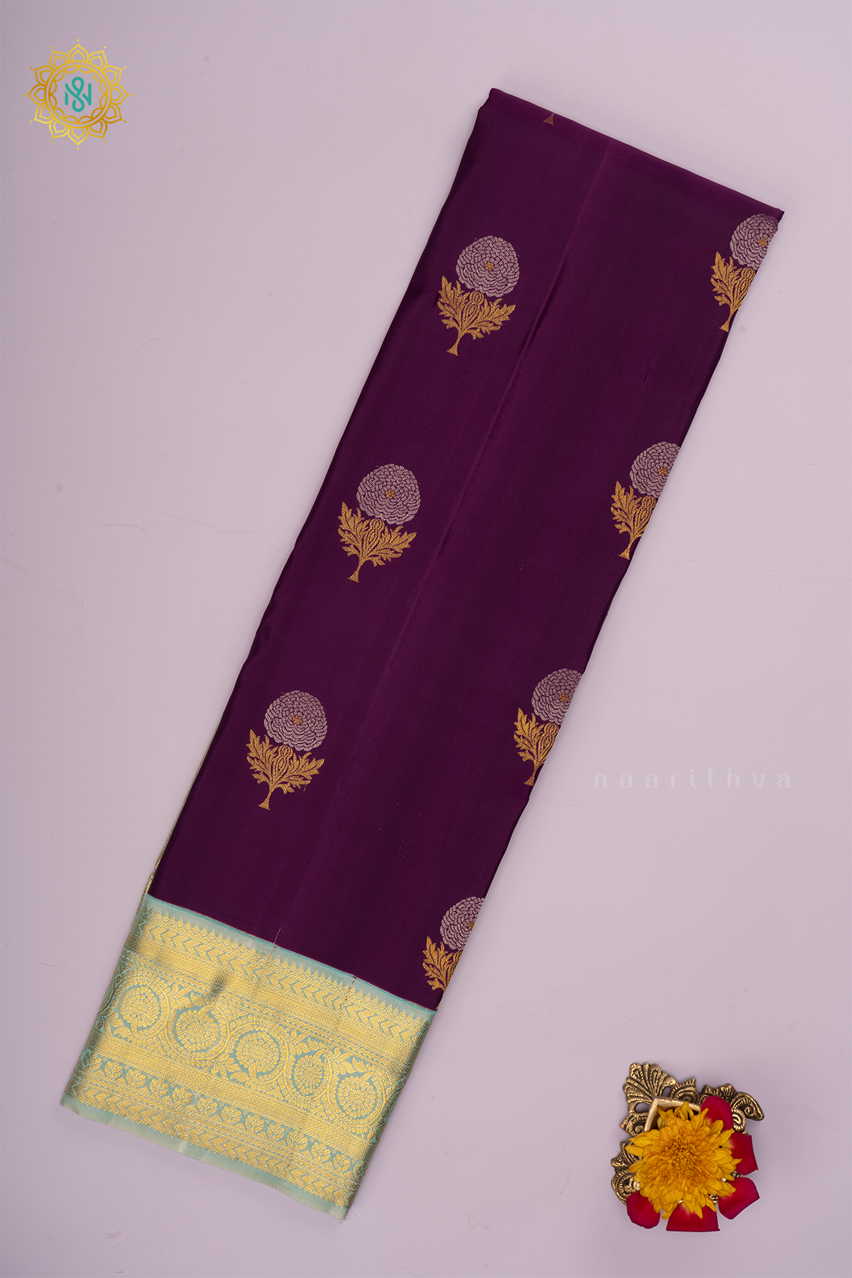 PURPLE WITH AQUA BLUE - PURE KANJIVARAM SILK