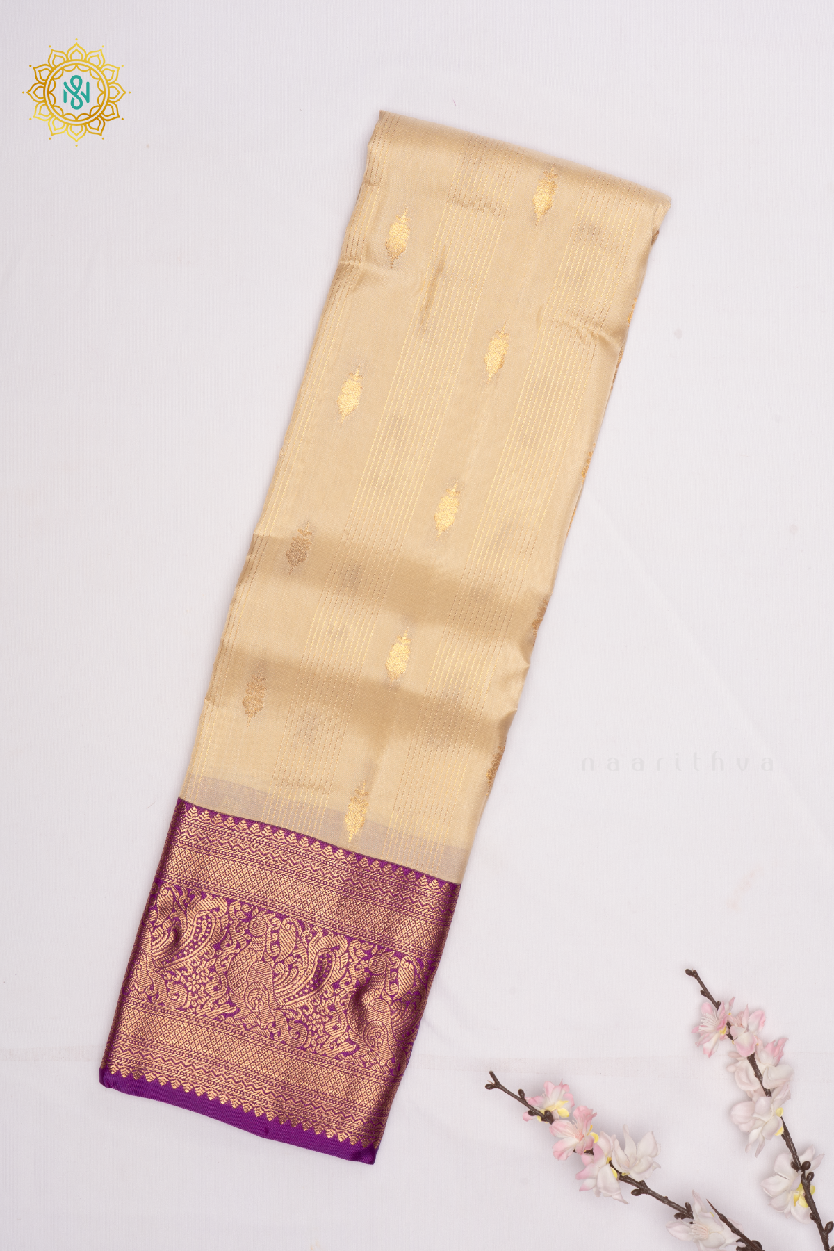 Off-White with Magenta  Pure Mix Kanjivaram Silk Saree with Zari Woven Stripes, Buttas and Zari Woven Contrast Border