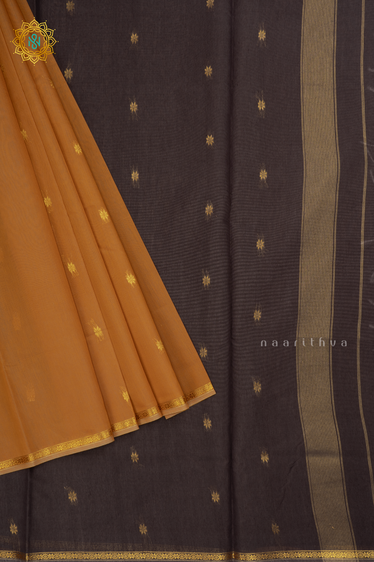 Light Biscuit With Grey Silk Cotton Saree With Zari Woven Buttas And Contrast Zari Border