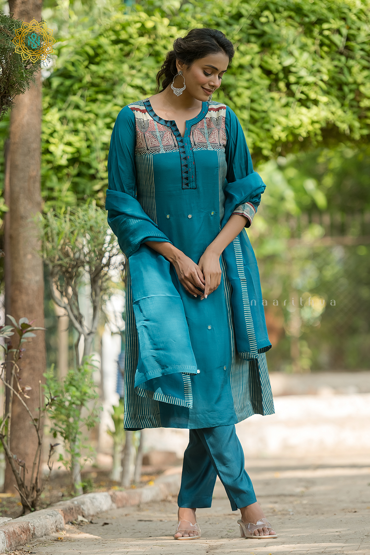 TEAL BLUE - CREPE 3PC SALWAR SUIT WITH TOP, BOTTOM & DUPATTA