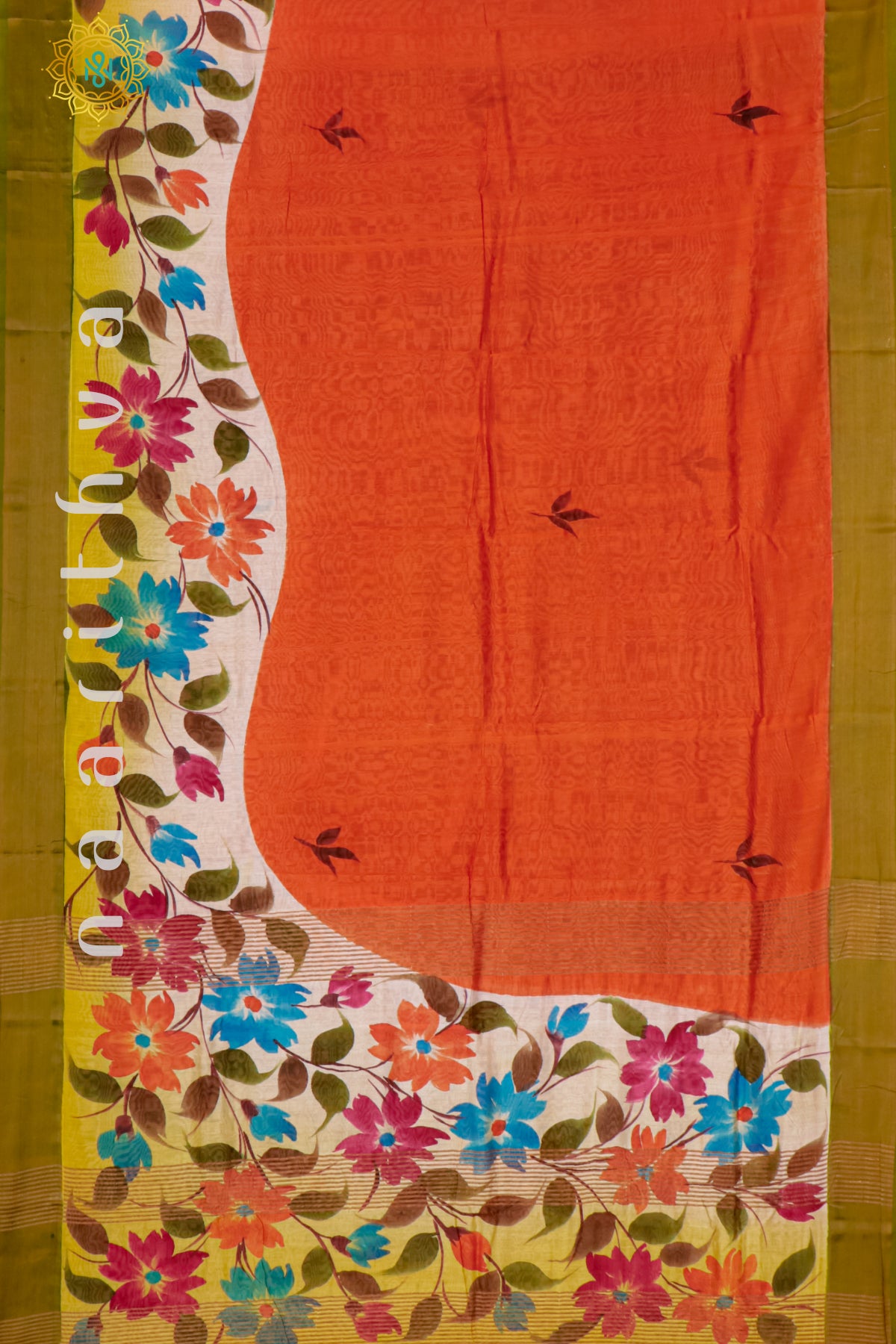 ORANGE WITH GREEN - CHANDERI SILK WITH HAND PAINTED