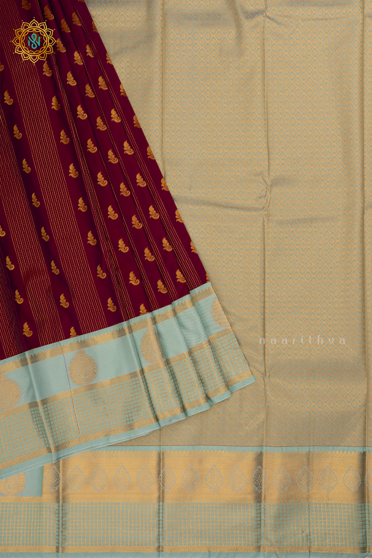 Magenta With Aqua Green Semi Kanchi Saree With Zari Buttas All Over And Contrast Zari Border