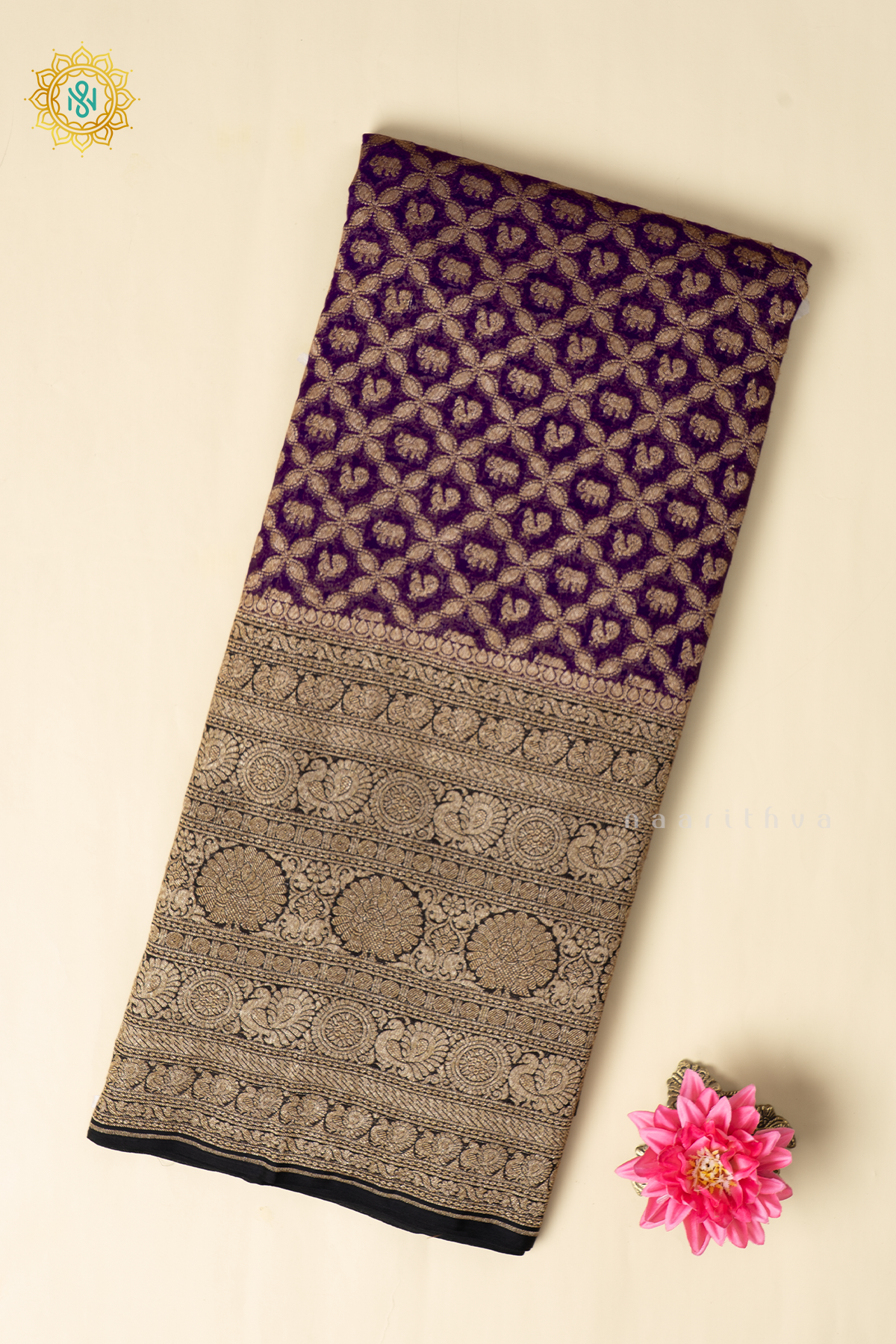 Purple With Black Pure Banarasi Khaddi Georgette Brocade Body With Contrast Zari Border & Pallu