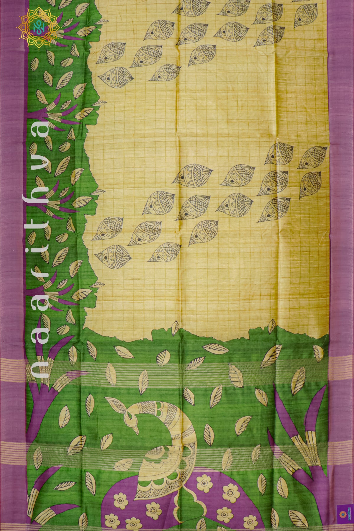 BEIGE WITH PURPLE - SEMI TUSSAR SILK