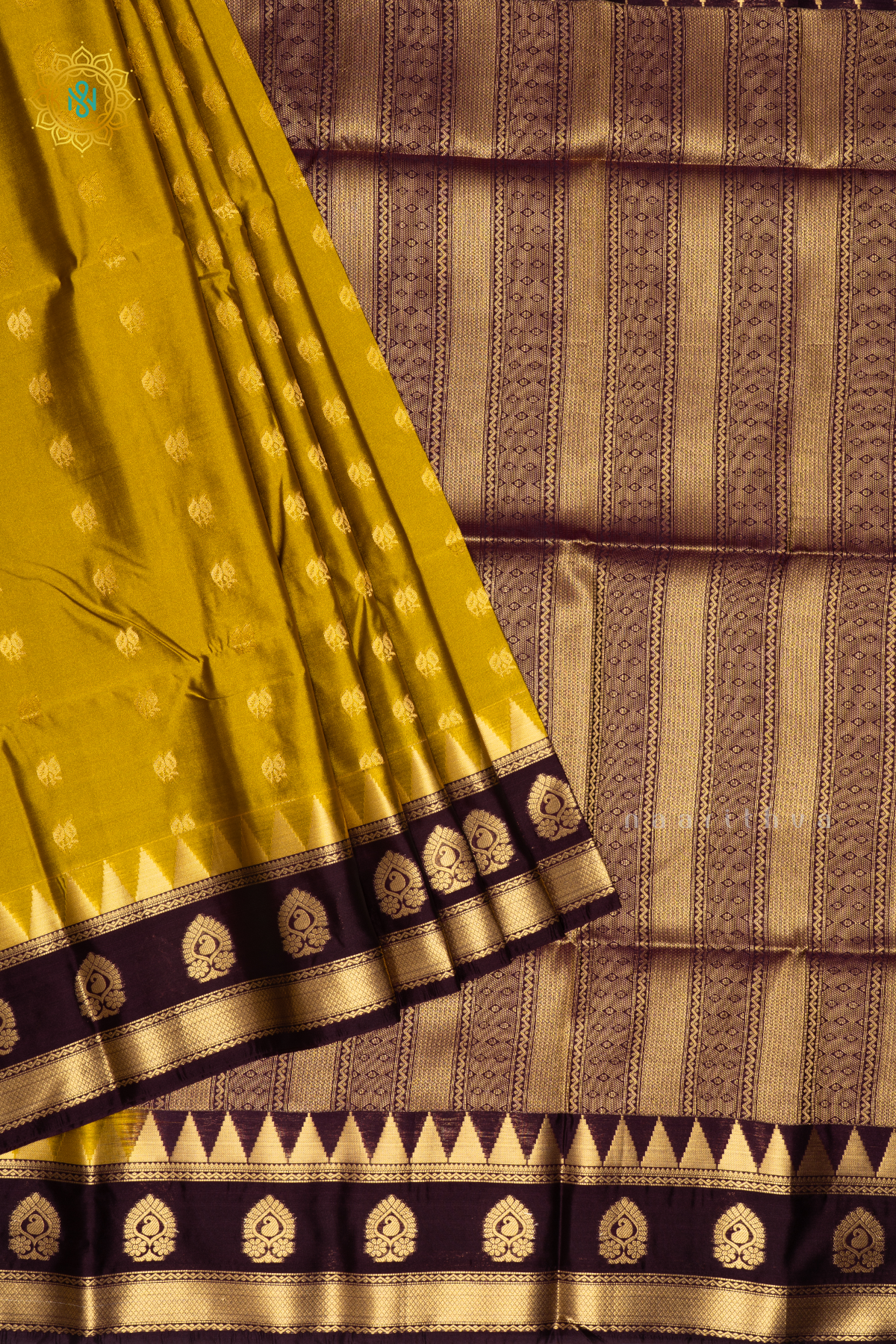 LEMON YELLOW WITH DEEP WINE - SEMI SOFT SILK SAREE ALLOVER ZARI BUTTAS AND CONTRAST TEMPLE RISING GAP BORDER