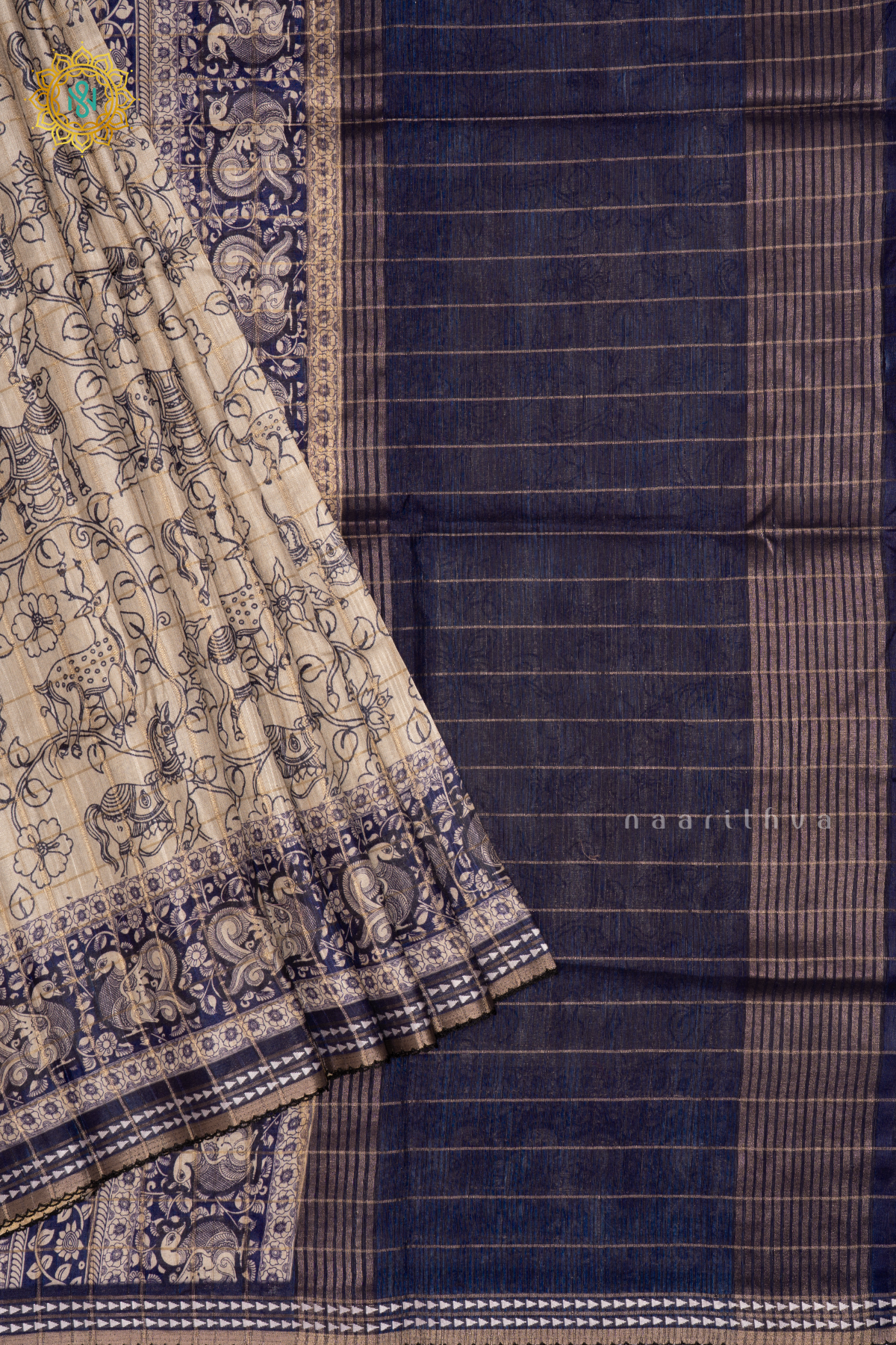 Off White With Blue Semi Tussar Silk Saree Allover Printed And Zari Striped Body With Thread Woven Tissue Border