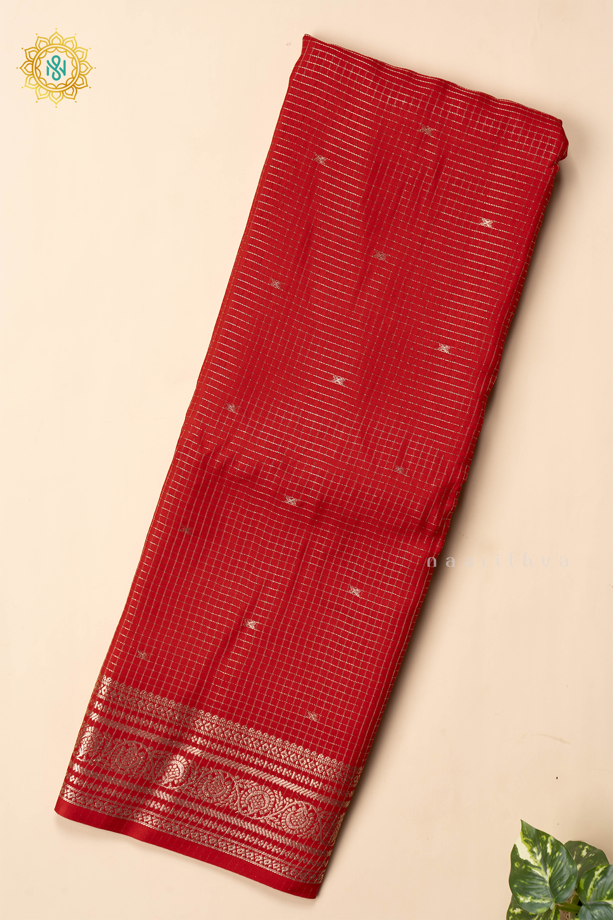 RED WITH BOTTLE GREEN - SEMI CREPE SILK