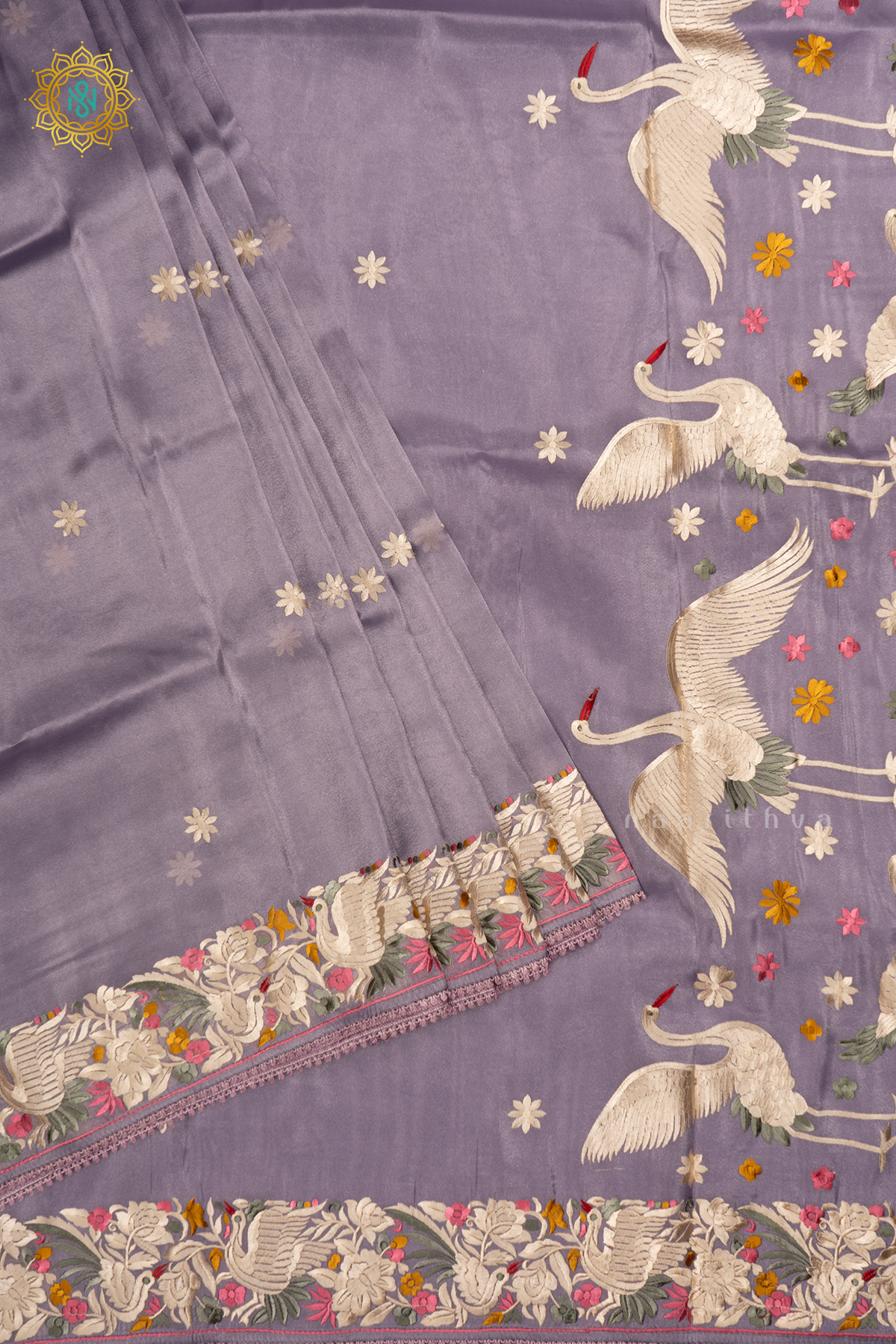 Light Purple Tissue Organza Saree All Over Hand Embroidery Buttas with Hand Embroidery Border