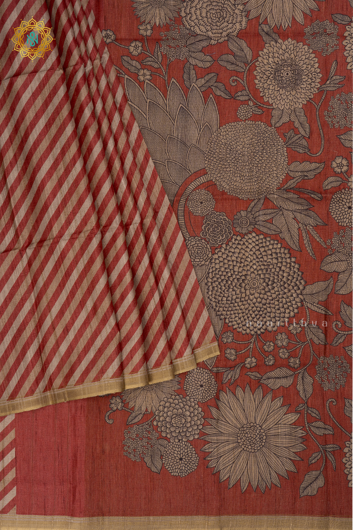 Orange Semi Tussar Silk Saree allover Printed Body,Pallu and
