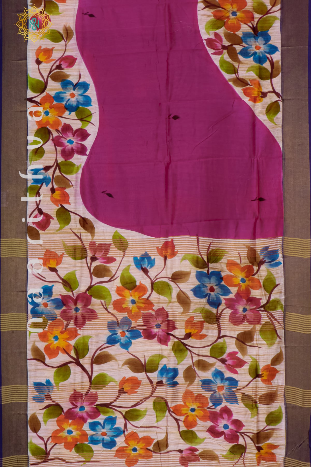 PINK WITH BLUE - CHANDERI SILK WITH HAND PAINTED