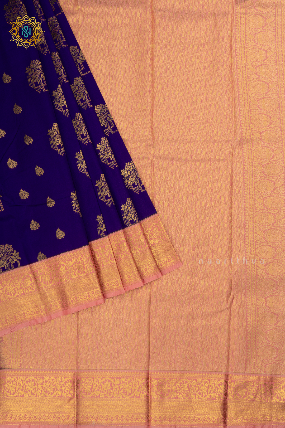 Blue with Peachish Pink Semi Kanchi Saree With Zari Buttas All Over And Contrast Zari Border