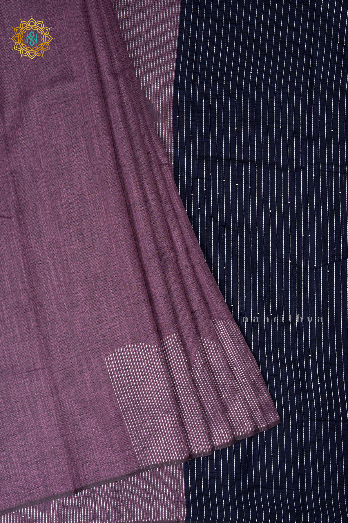 Lavender With Navy Blue Linen By Cotton Saree With Contrast Pallu & Blouse
