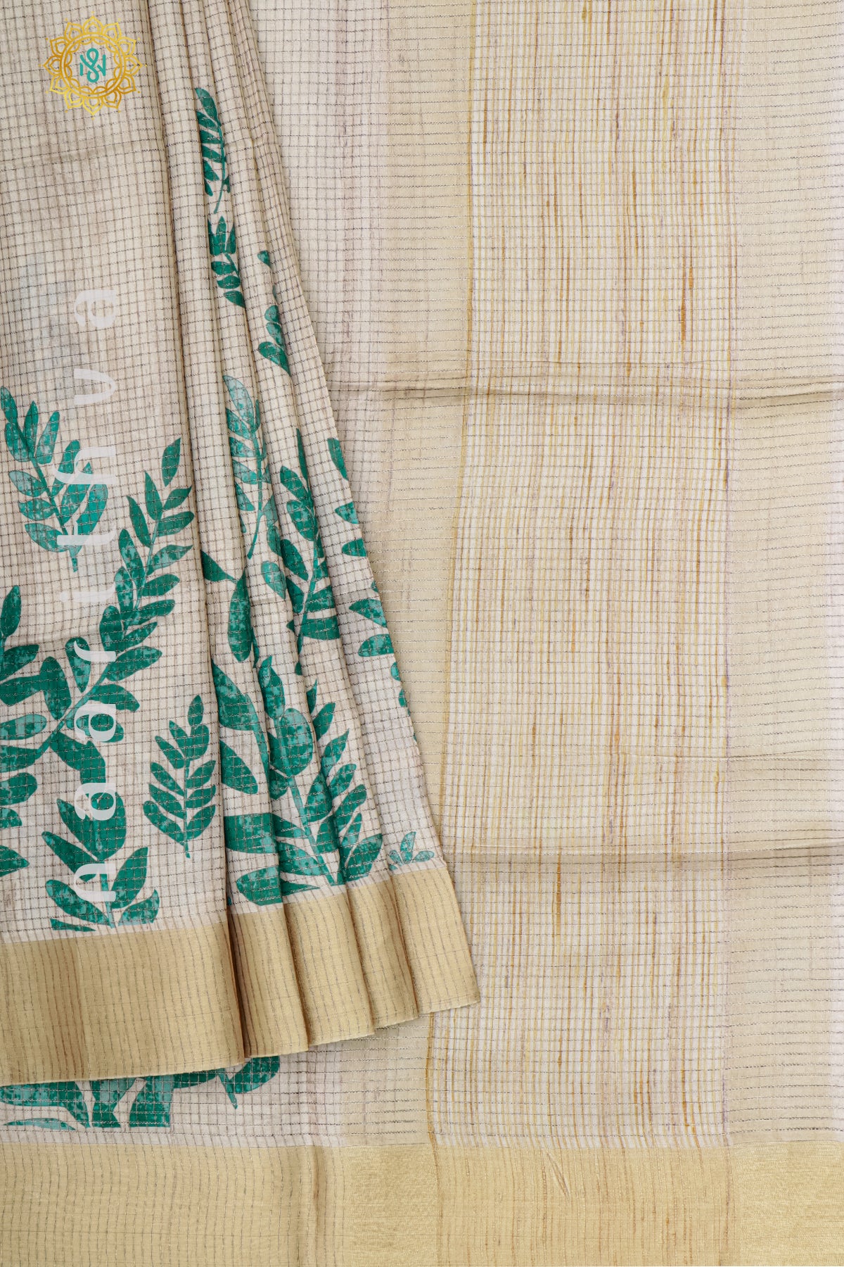 BEIGE WITH GREEN - SEMI TUSSAR SILK