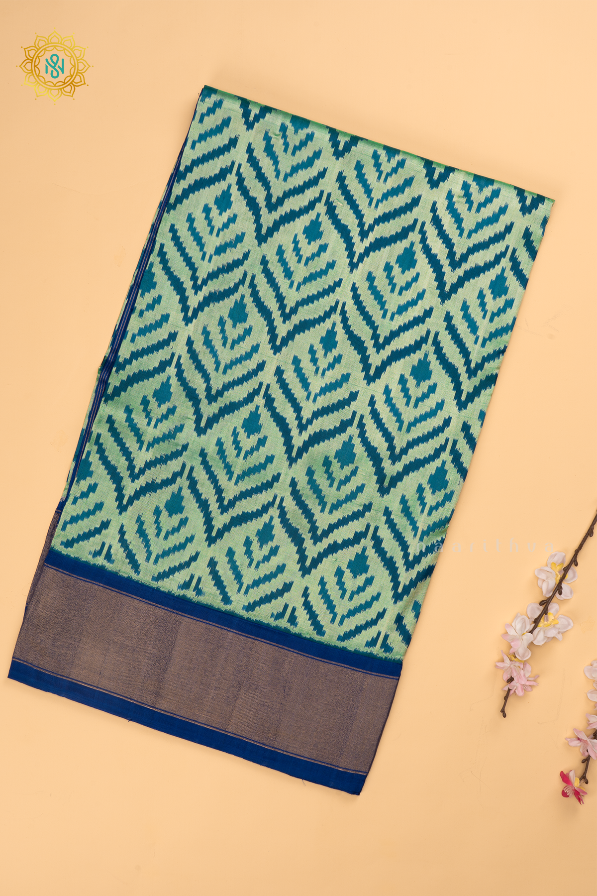 Dual Shade of Green with Royal Blue Ikkat Pure Silk Saree with Patola Printed Body and Zari Border