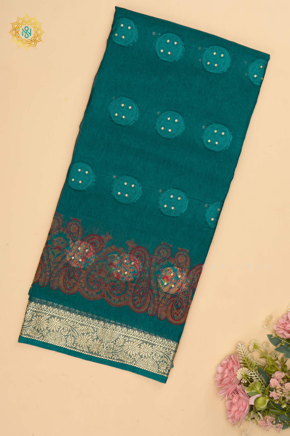 CYAN GREEN - SEMI GEORGETTE PRINTED BODY WITH ZARI BORDER