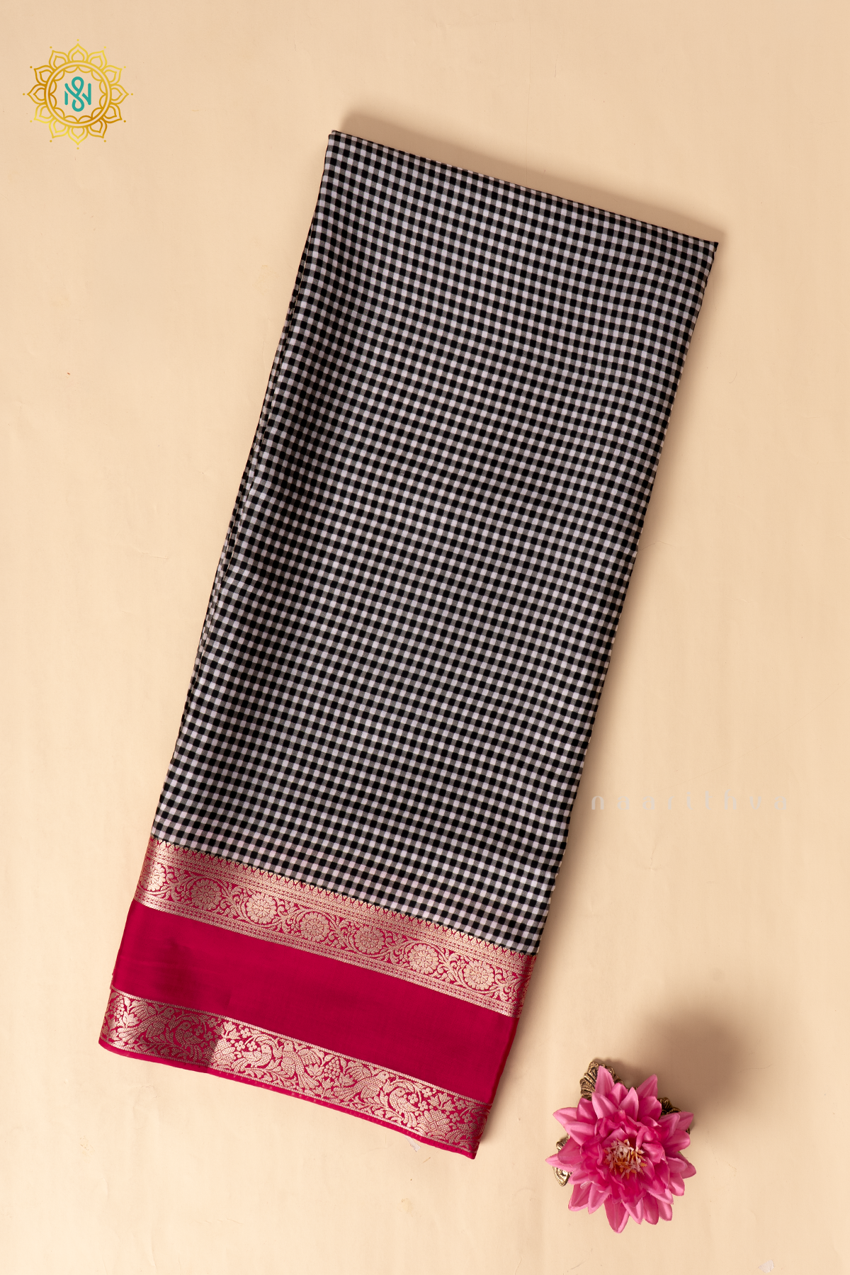 Black And White Gingham Semi Crepe Silk Saree with Reddish Pink Contrast Zari Border, Pallu & Blouse