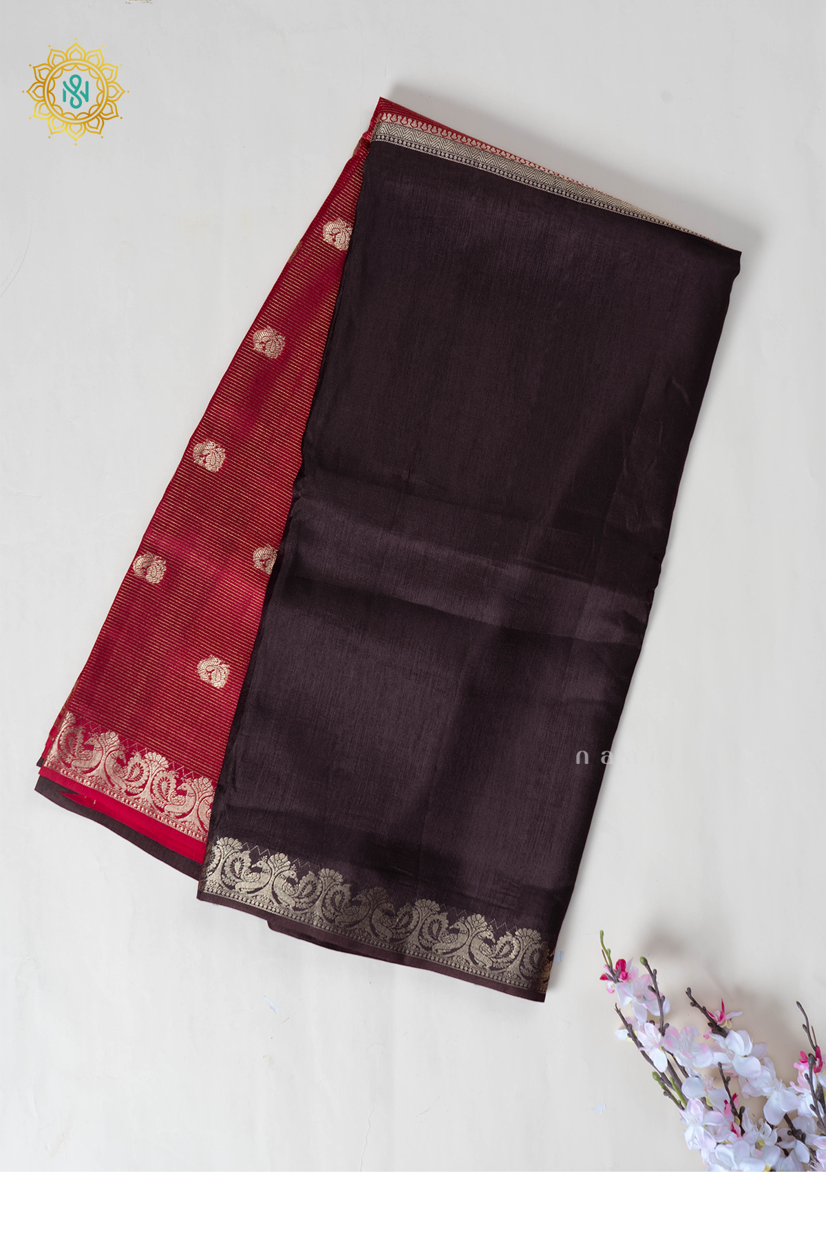 Brick Red With Brown Semi Crepe Silk Saree With Zari Stripes & Buttas On The Body With Half & Half Pattern
