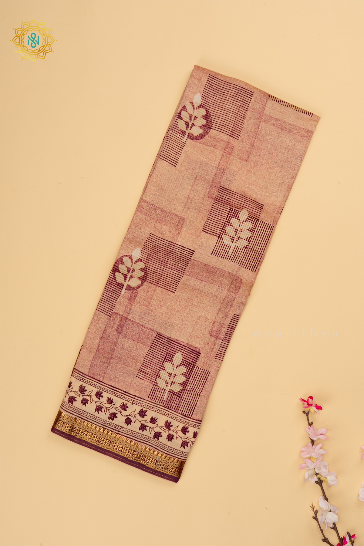Wine Butter Crepe Saree with All-Over Printed Body and Zari Border