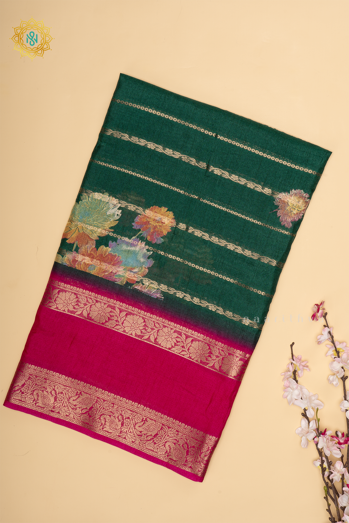 Bottle Green With Pink Dola Silk Saree Allover Printed Buttas And Zari Stripes With Contrast Zari Gap Border