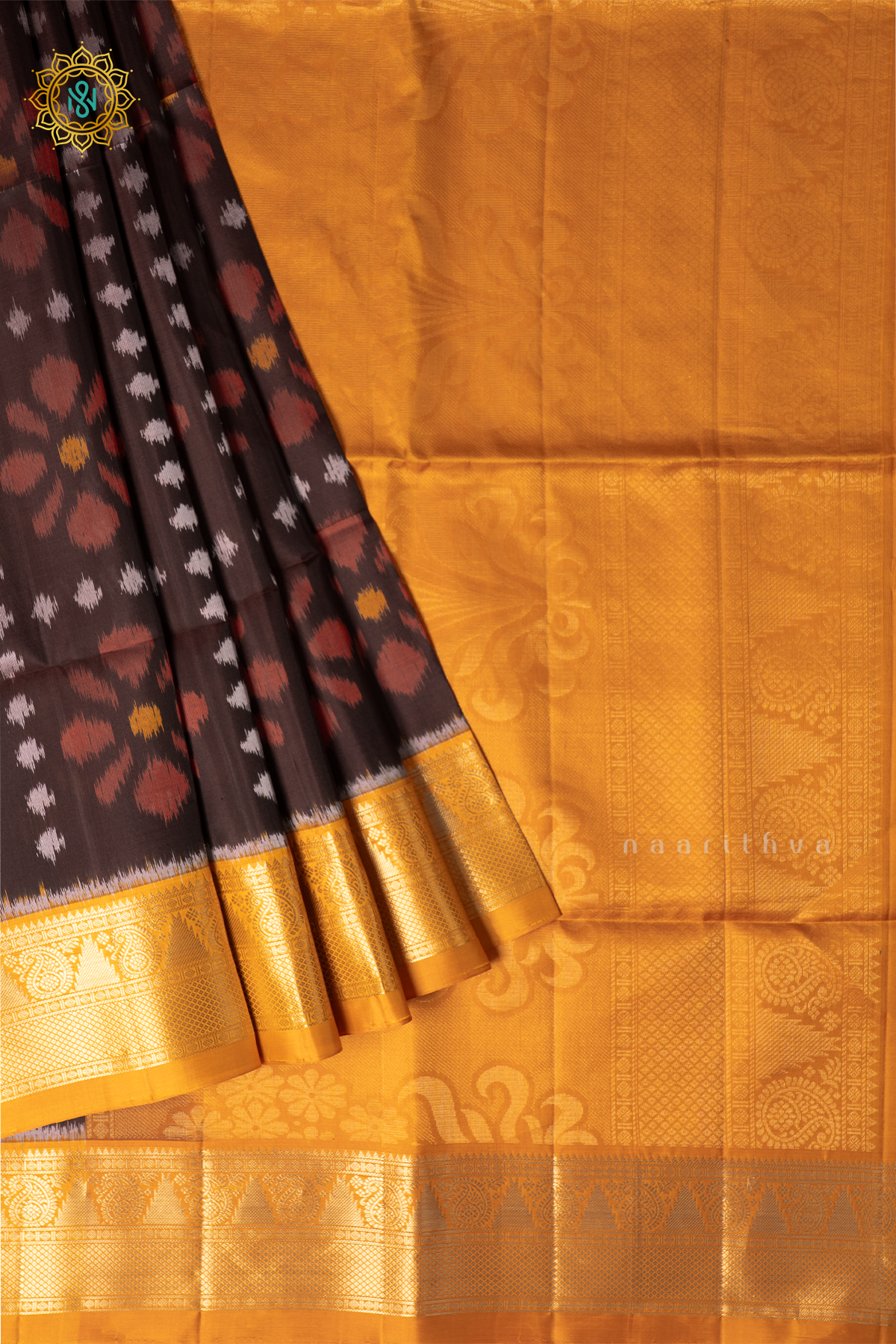 Brown With Mustard Pure Silk Saree with Ikat Weaves on the Body and Contrast Border