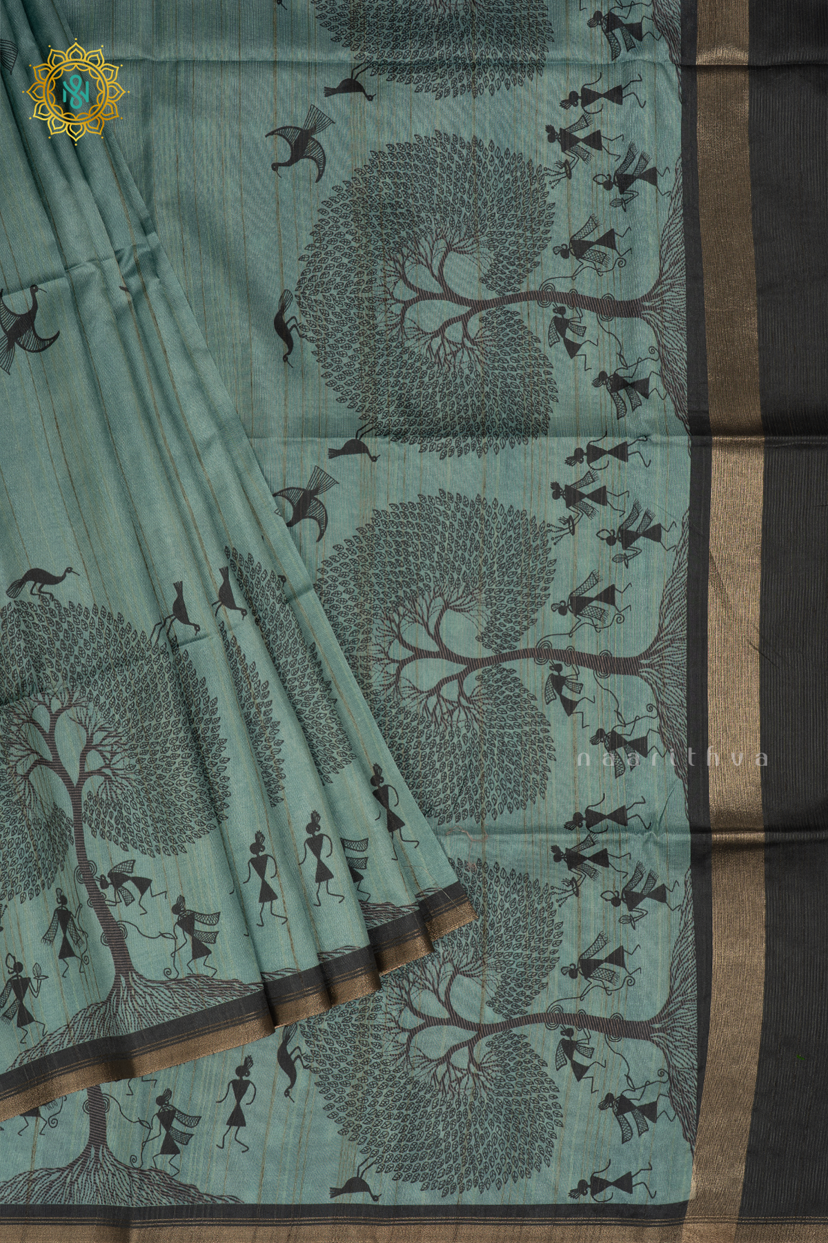 AQUA BLUE - SEMI TUSSAR SILK SAREE PRINTED BODY, CONTRAST BORDER