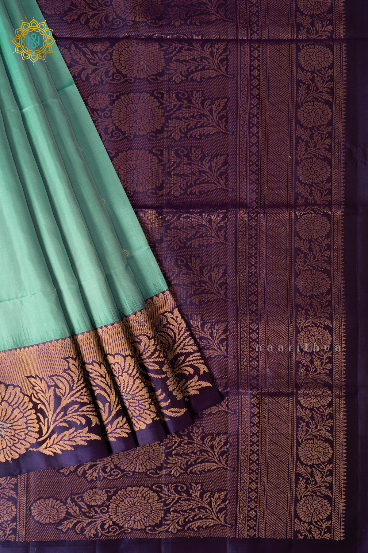 Aqua Blue With Purple Pure Kanjivaram Soft Silk Saree With Allover Zari Buttas & Contrast Zari Border