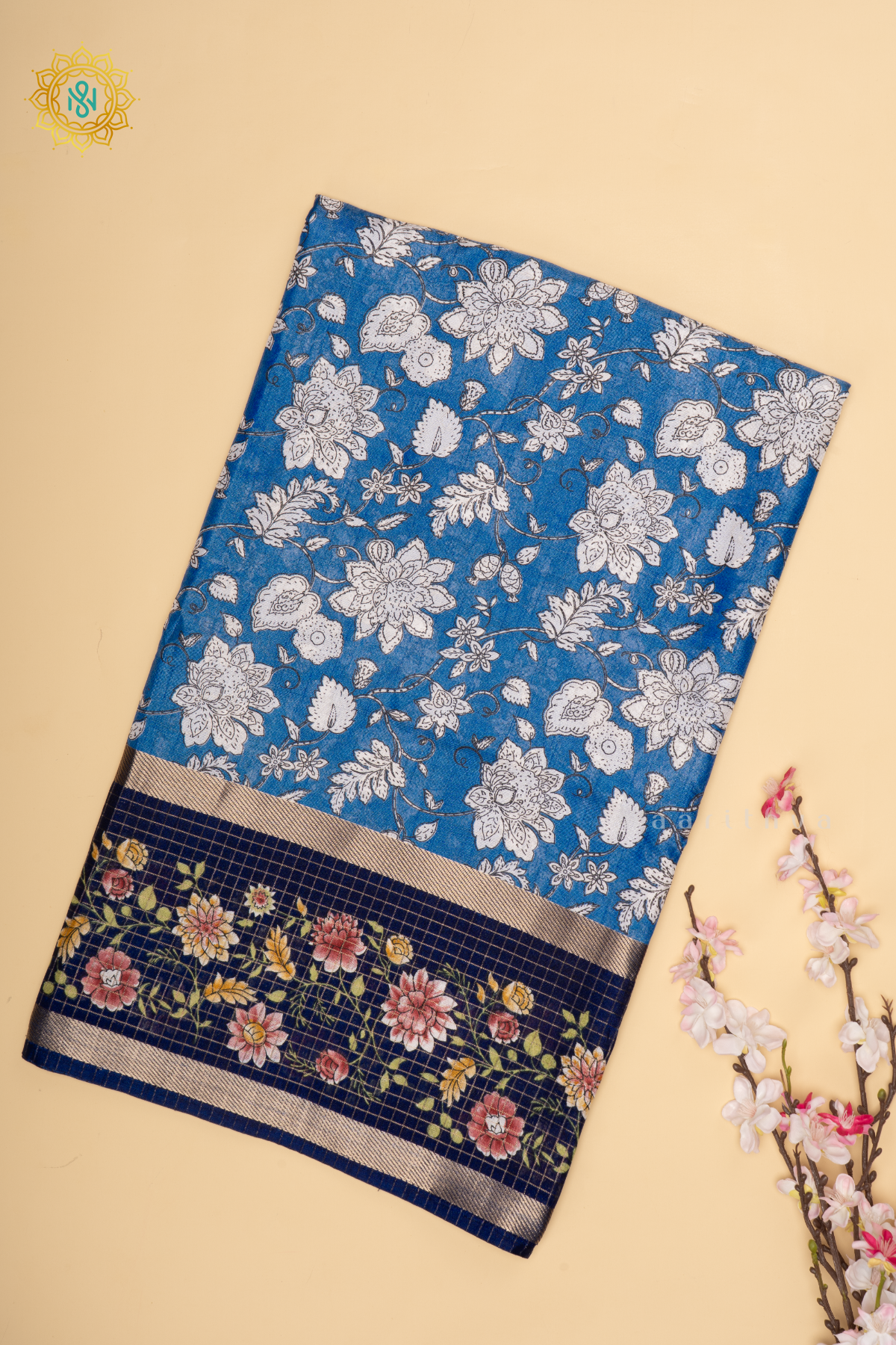 Light Blue With Navy Dola Silk Saree With Printed Body And Contrast Zari Checks Border