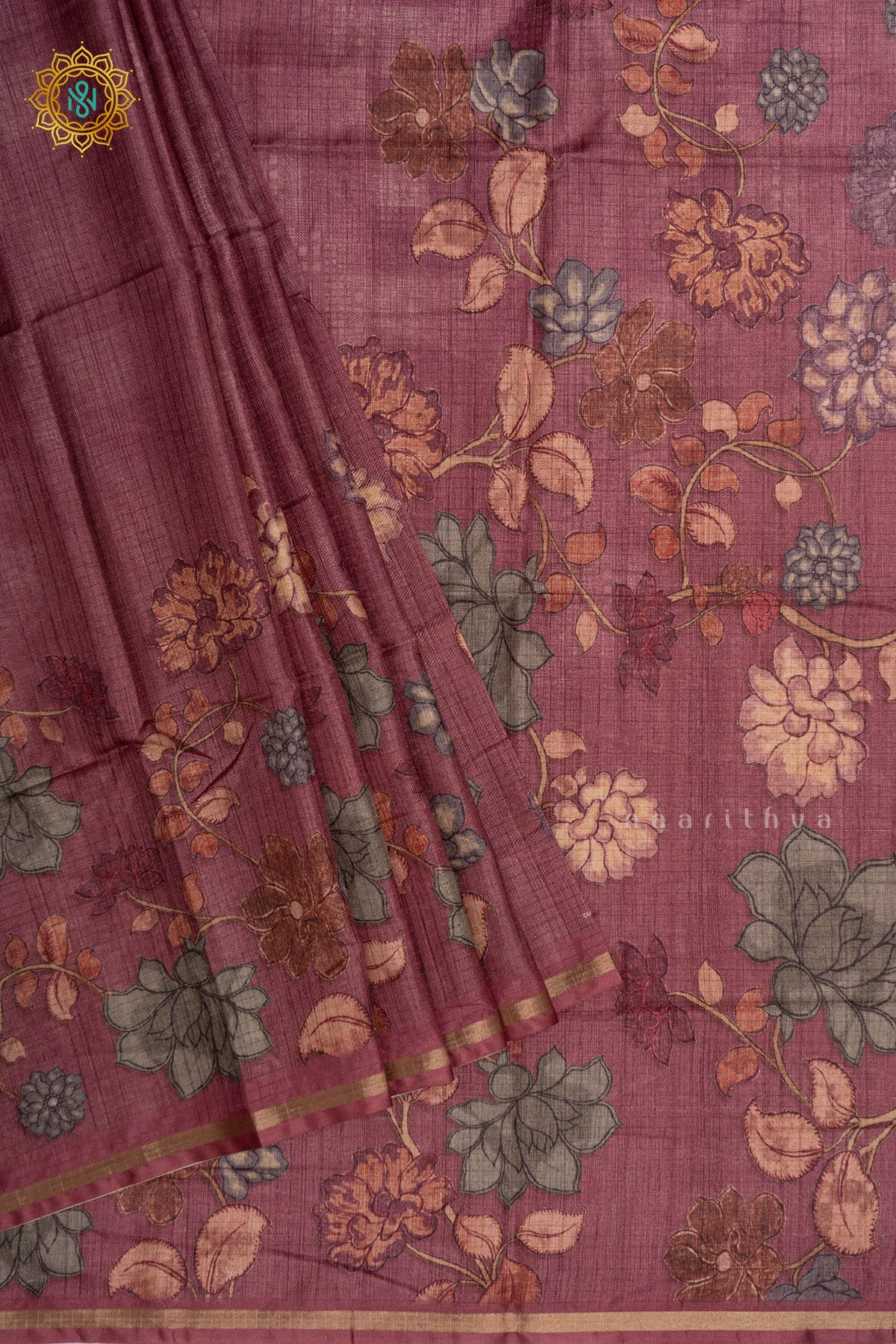 Dark Peach Printed Kota Tussar Saree With Pallu & Blouse