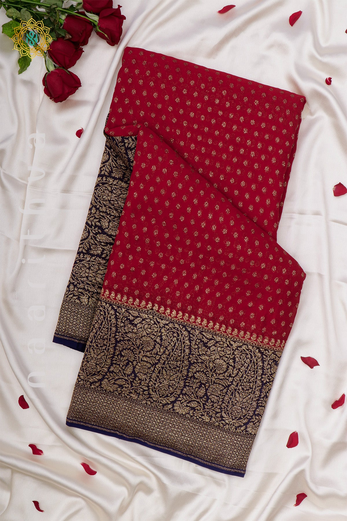 RED WITH NAVY BLUE - PURE HANDLOOM KHADDI GEORGETTE BANARAS