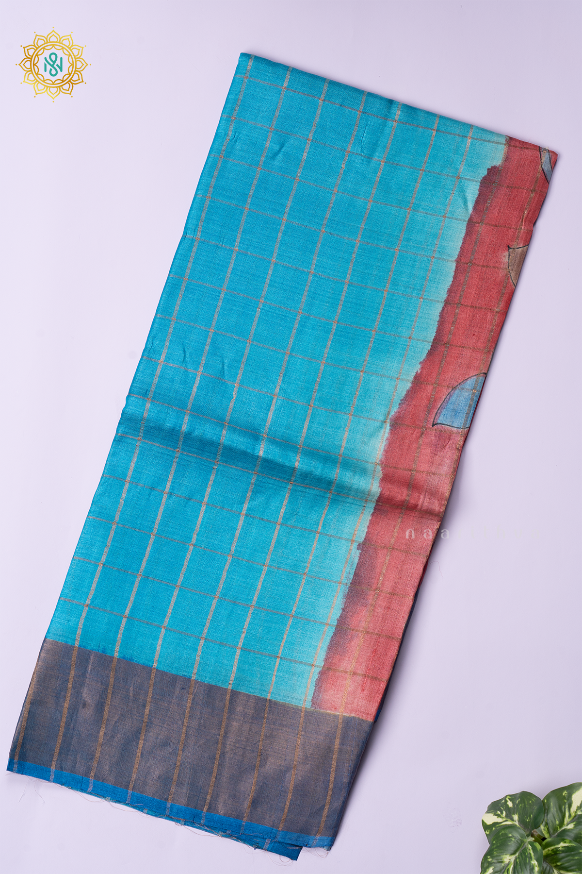 SKY BLUE WITH RED - PURE TUSSAR SILK