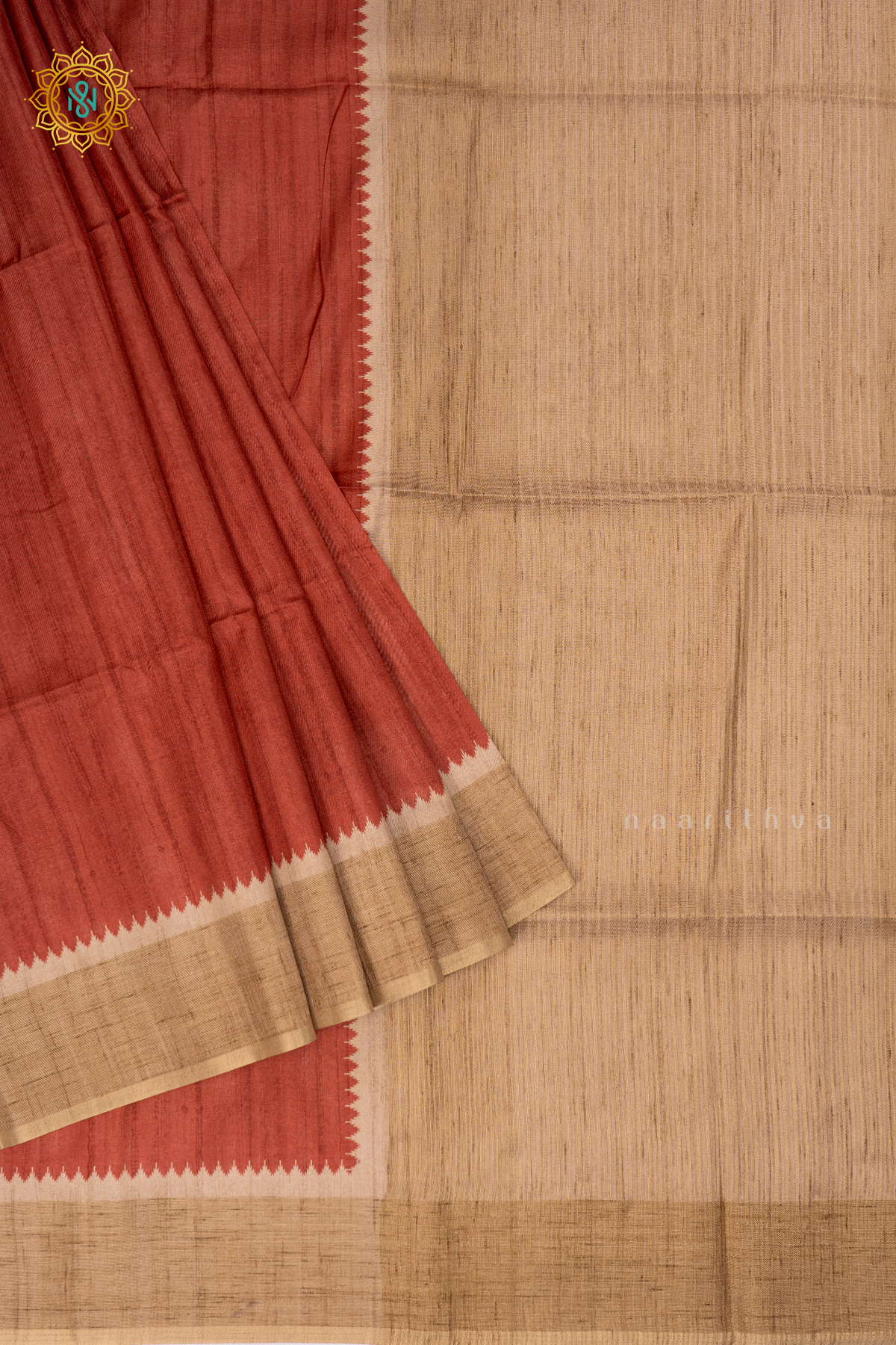 Red with Beige - Semi Tussar Silk saree Allover Plain Body with Contrast Border, Pallu and Blouse
