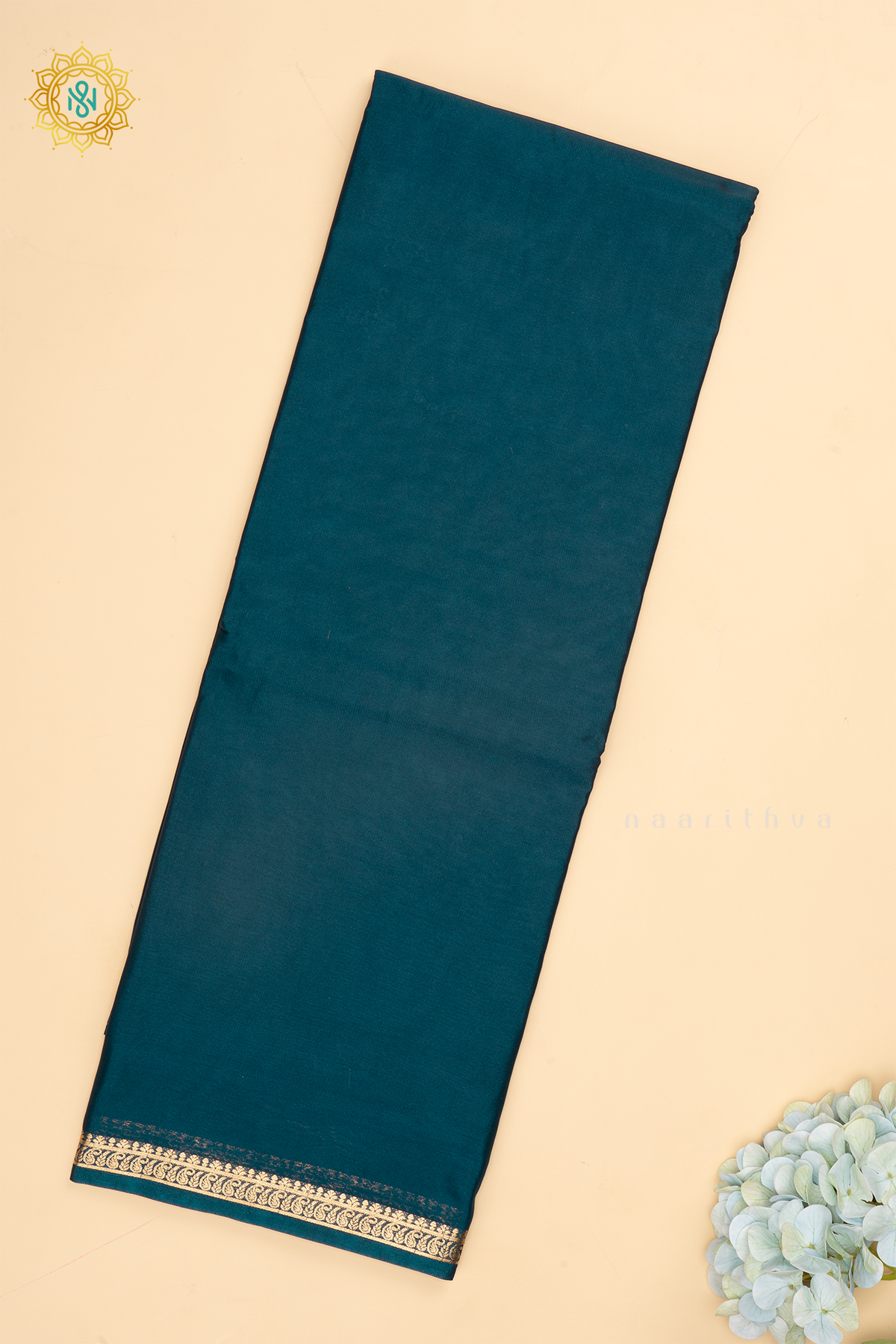 Peacock Blue Semi Mysore Crepe Silk with Plain Body and Zari Border