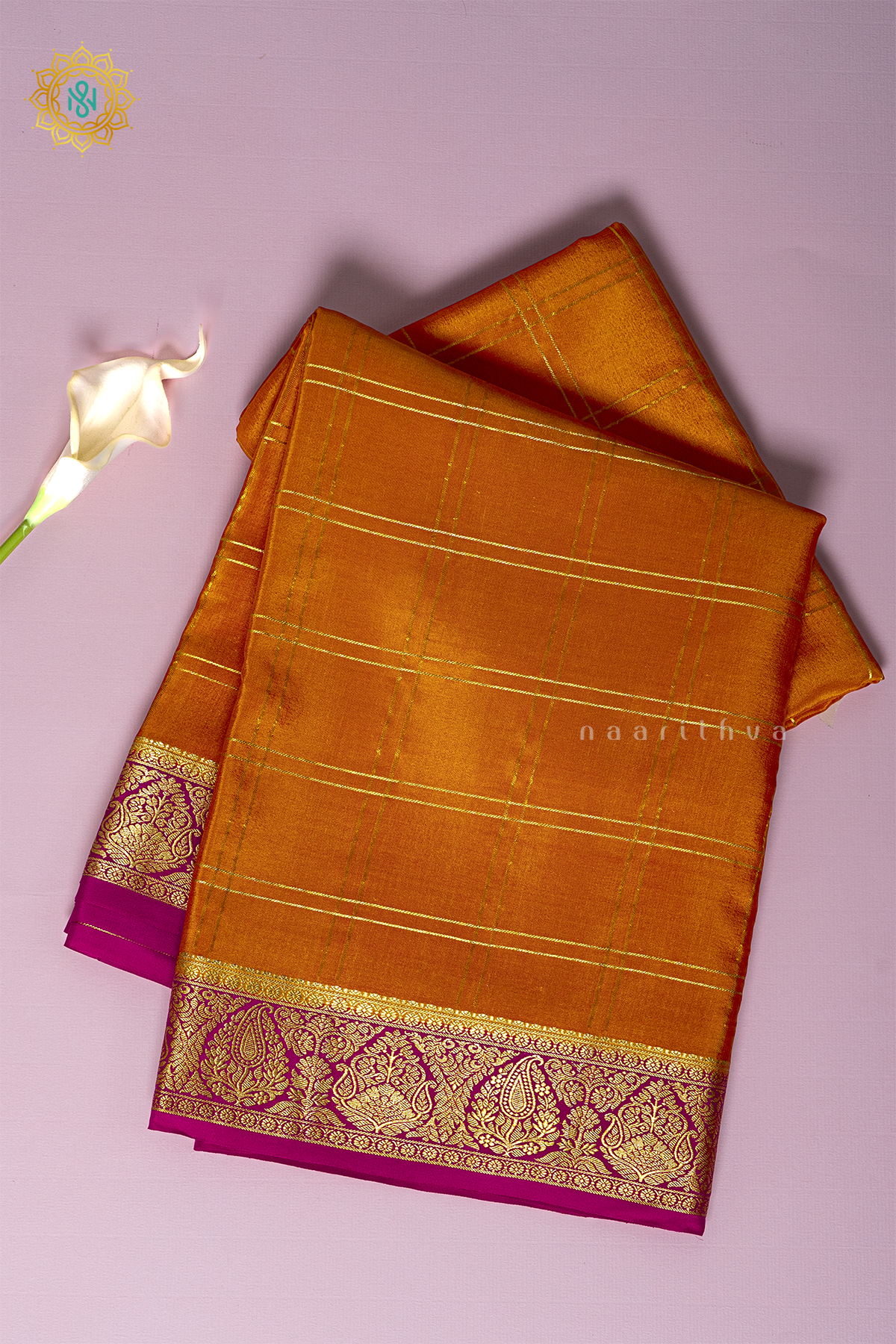 MUSTARD WITH PINK - PURE MYSORE CREPE SILK