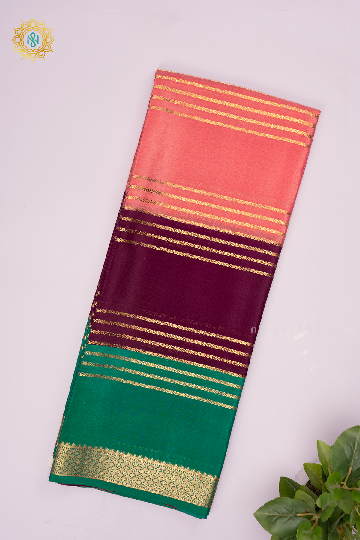 PEACHISH PINK WITH WINE AND AQUA GREEN  - PURE MYSORE CREPE SILK