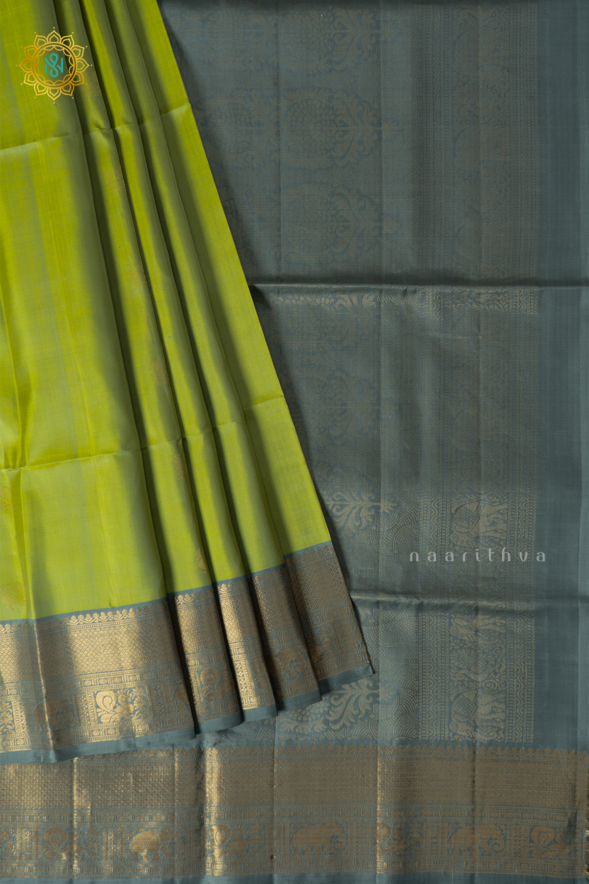 Parrot Green With Grey Pure Kanjivaram Soft Silk Pure Kanjivaram Soft Silk Saree With Allover Zari Buttas & Contrast Zari Border