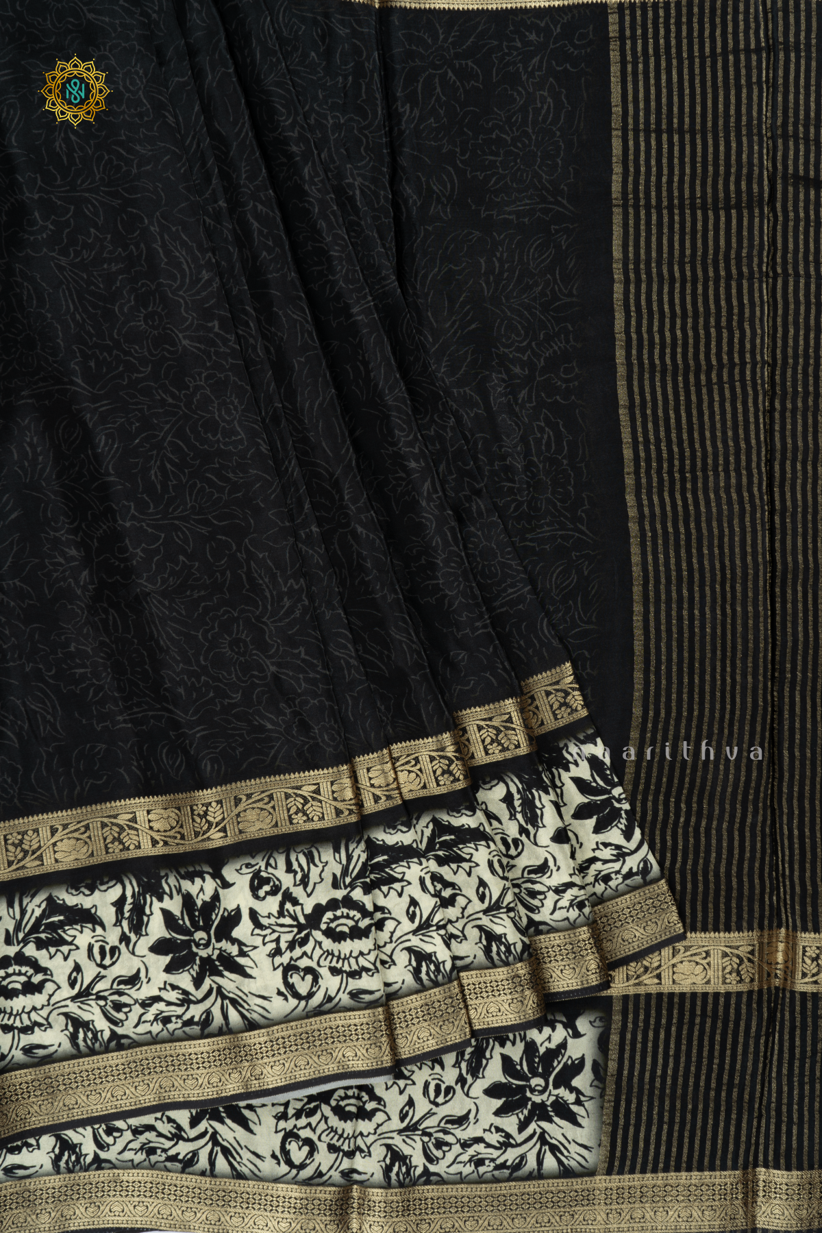 Black With Off White Printed Semi Crepe Silk Saree With Contrast Bentex Zari Border & Pallu