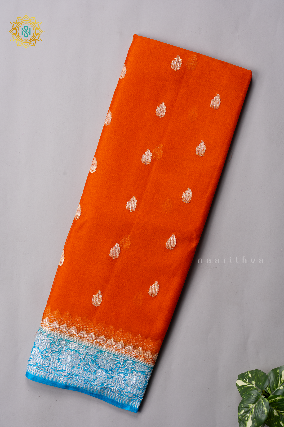 ORANGE WITH SKY BLUE - PURE BANARASI CHIFFON