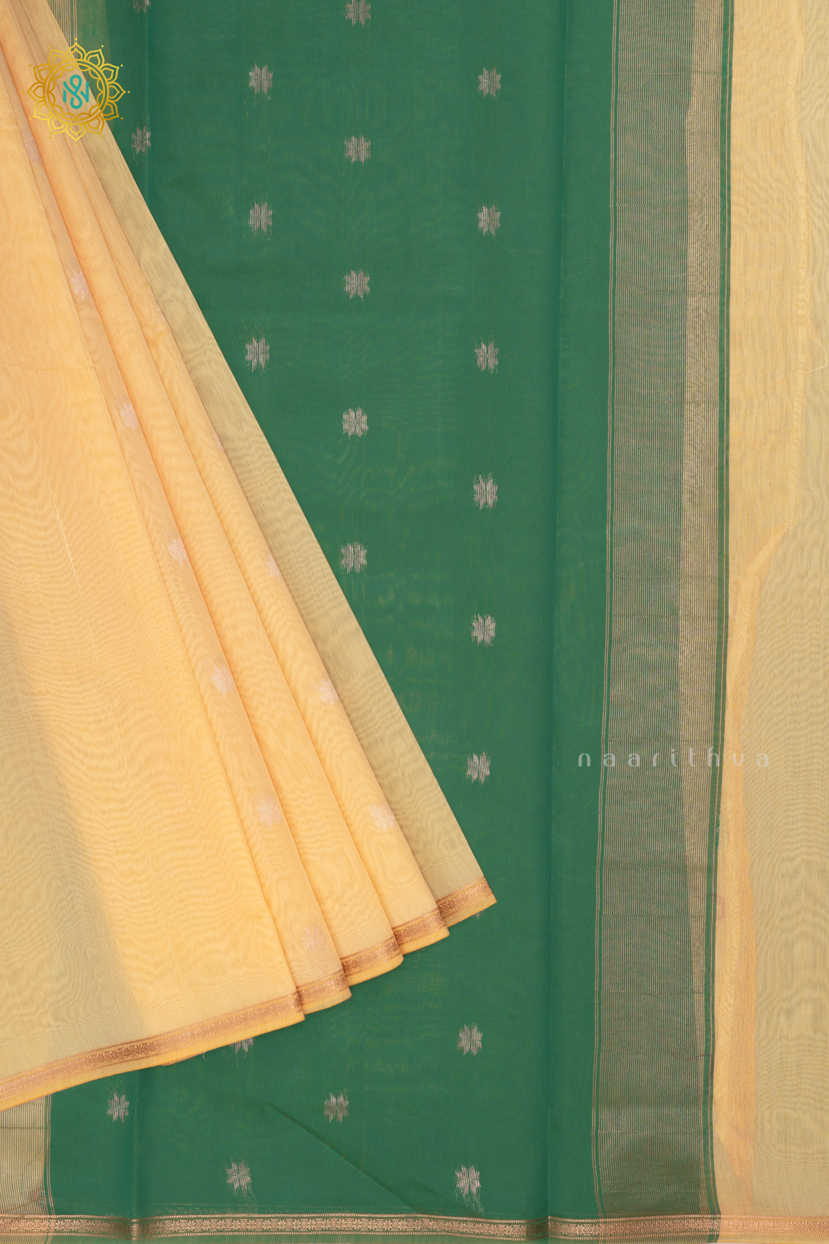 Off-white With Green Silk Cotton Saree Allover Zari Woven Buttas With Contrast Zari Border