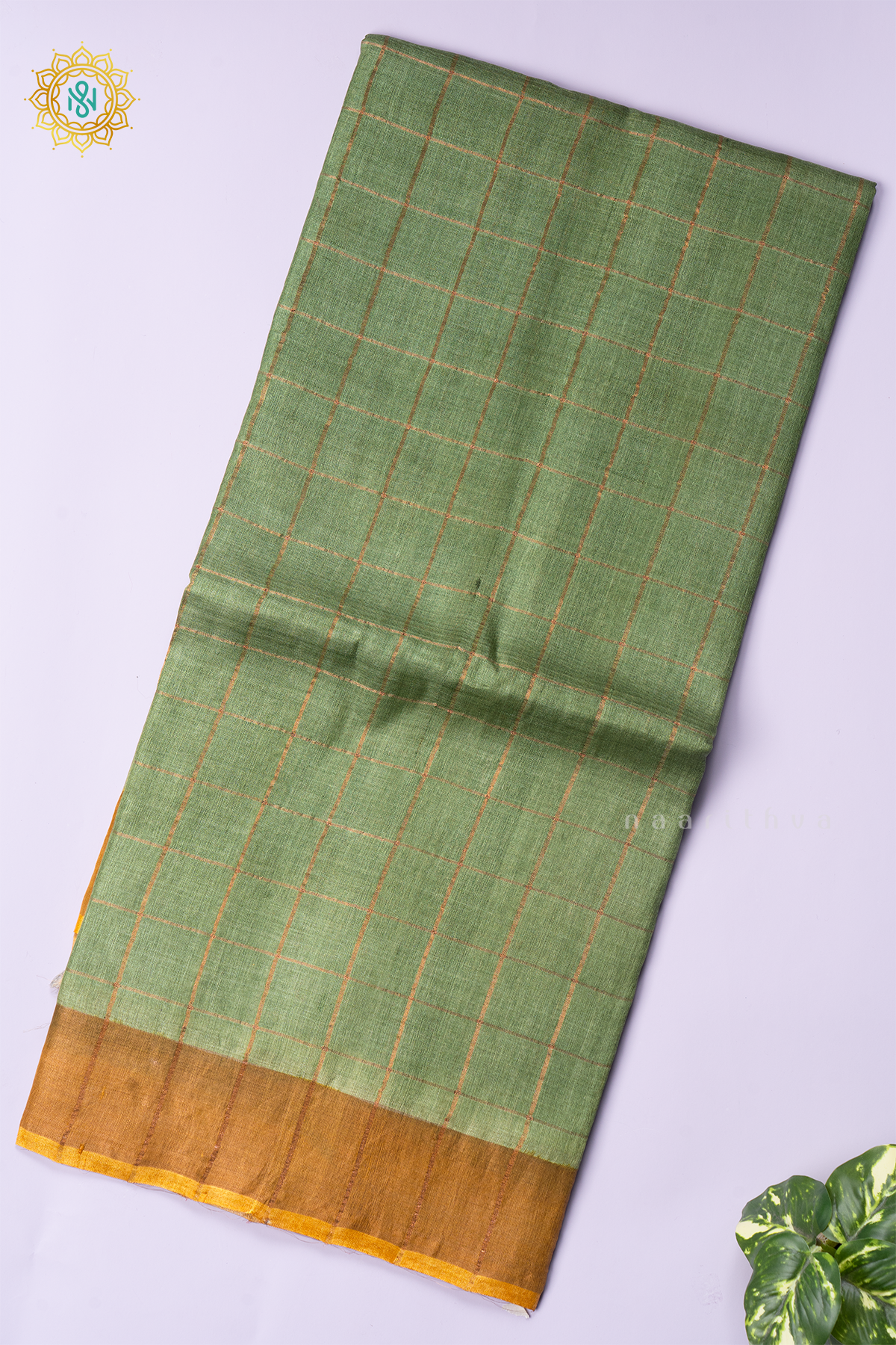 PISTA GREEN WITH MUSTARD - PURE TUSSAR SILK