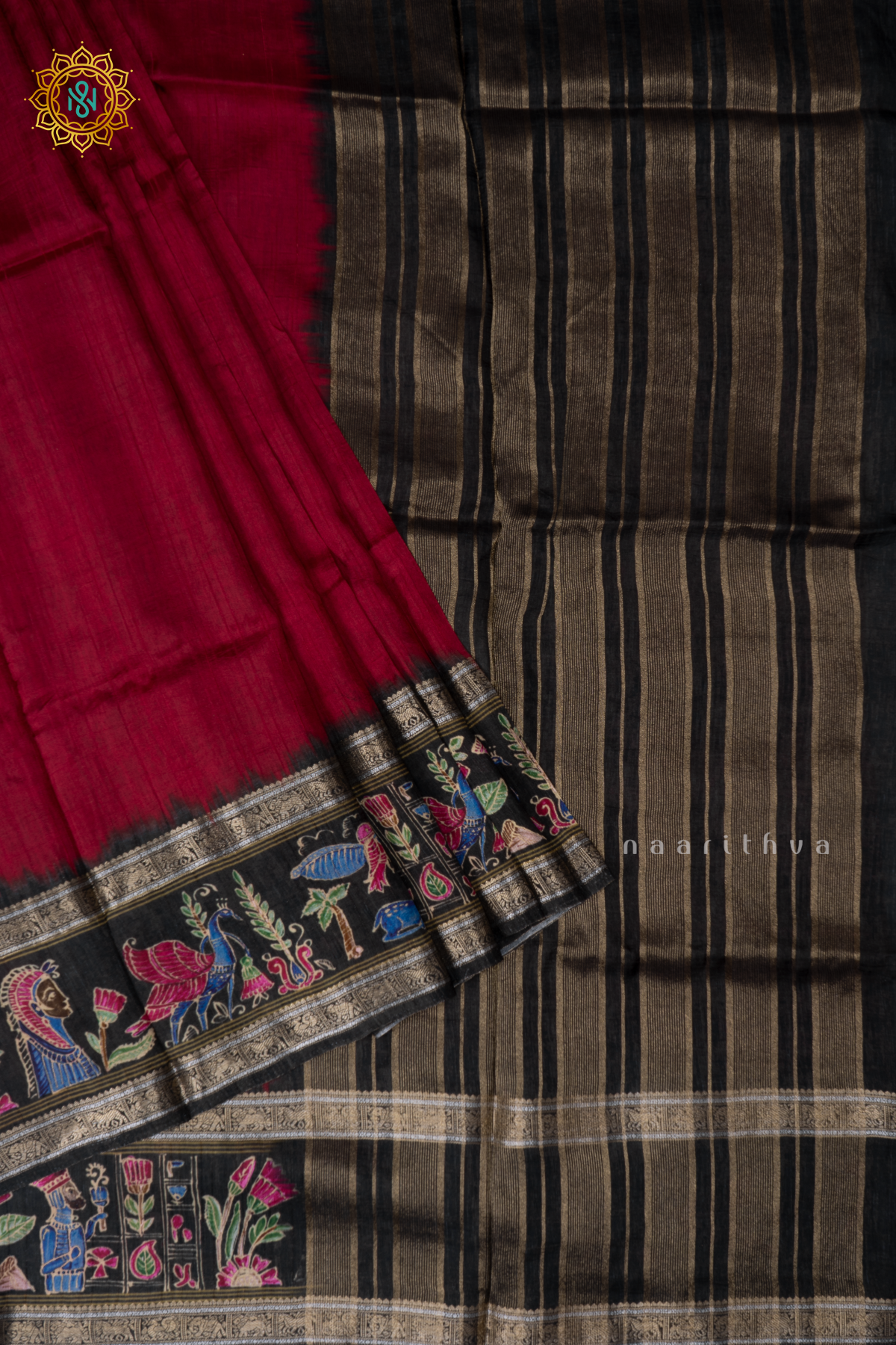 Maroon With Black Printed Semi Crepe Silk With Contrast Border, Pallu