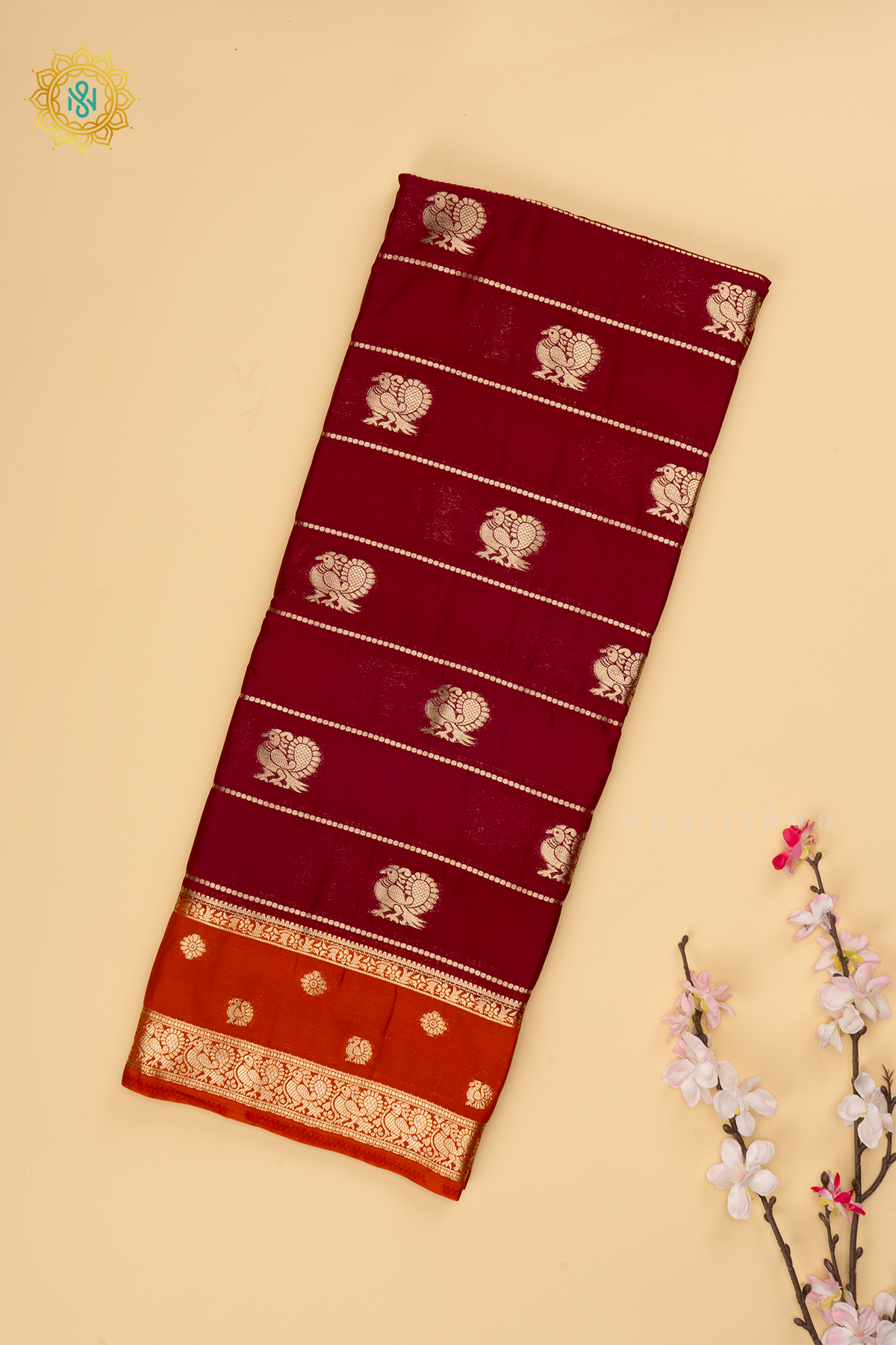 Brown with Rust Orange Semi Mysore Crepe Silk Saree with All-Over Zari Stripes and Zari Buttas on the Body and a Contrast Zari Border