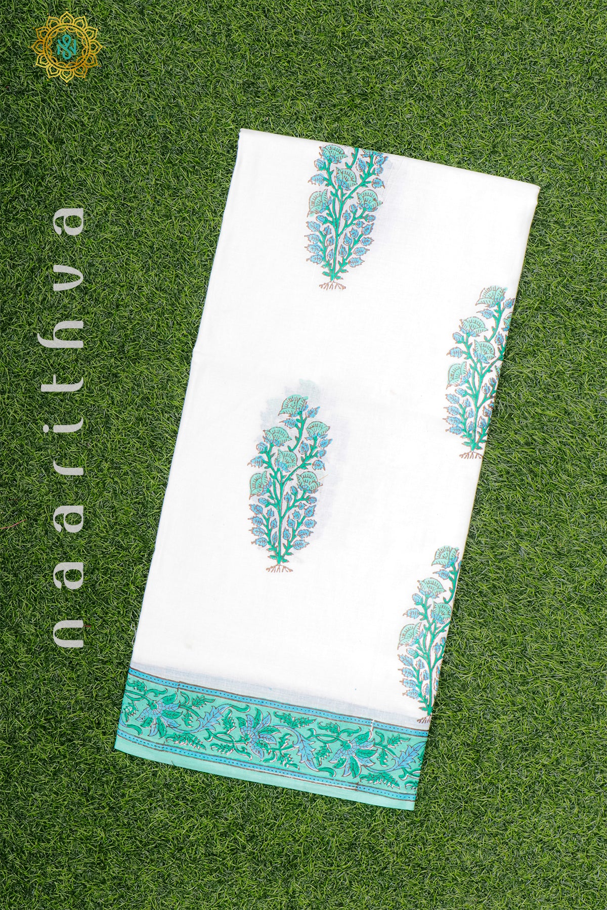 WHITE WITH AQUA GREEN - MUL COTTON