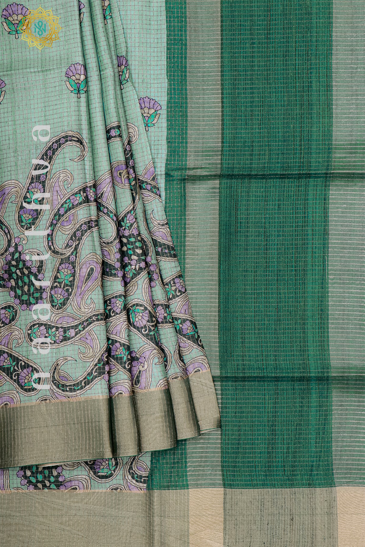 AQUA GREEN WITH GREEN - SEMI TUSSAR SILK