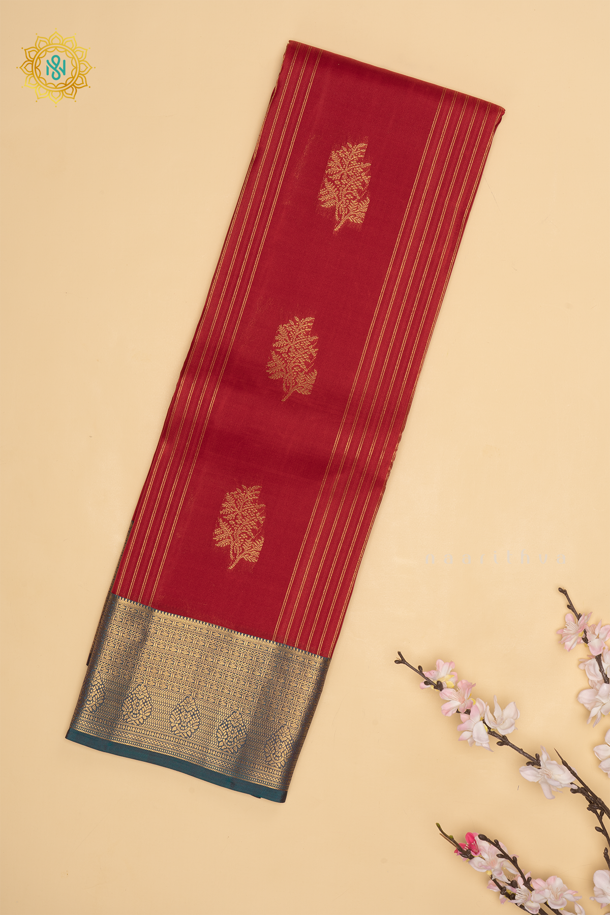 RED WITH CYAN BLUE- PURE MIX KANJIVARAM SILK SAREE ALLOVER ZARI WOVEN STRIPES &BUTTAS WITH ZARI WOVEN CONTRAST BORDER WITH CONTRAST PALLU & BLOUSE