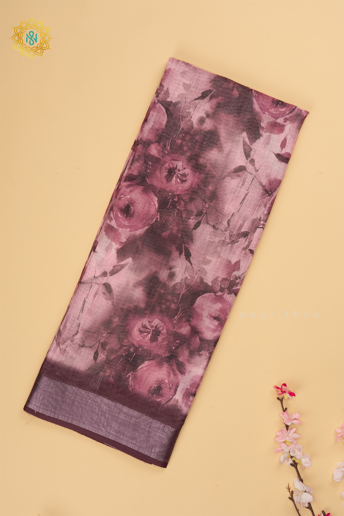 Deep Wine Linen By Cotton Saree With Floral Printed Body