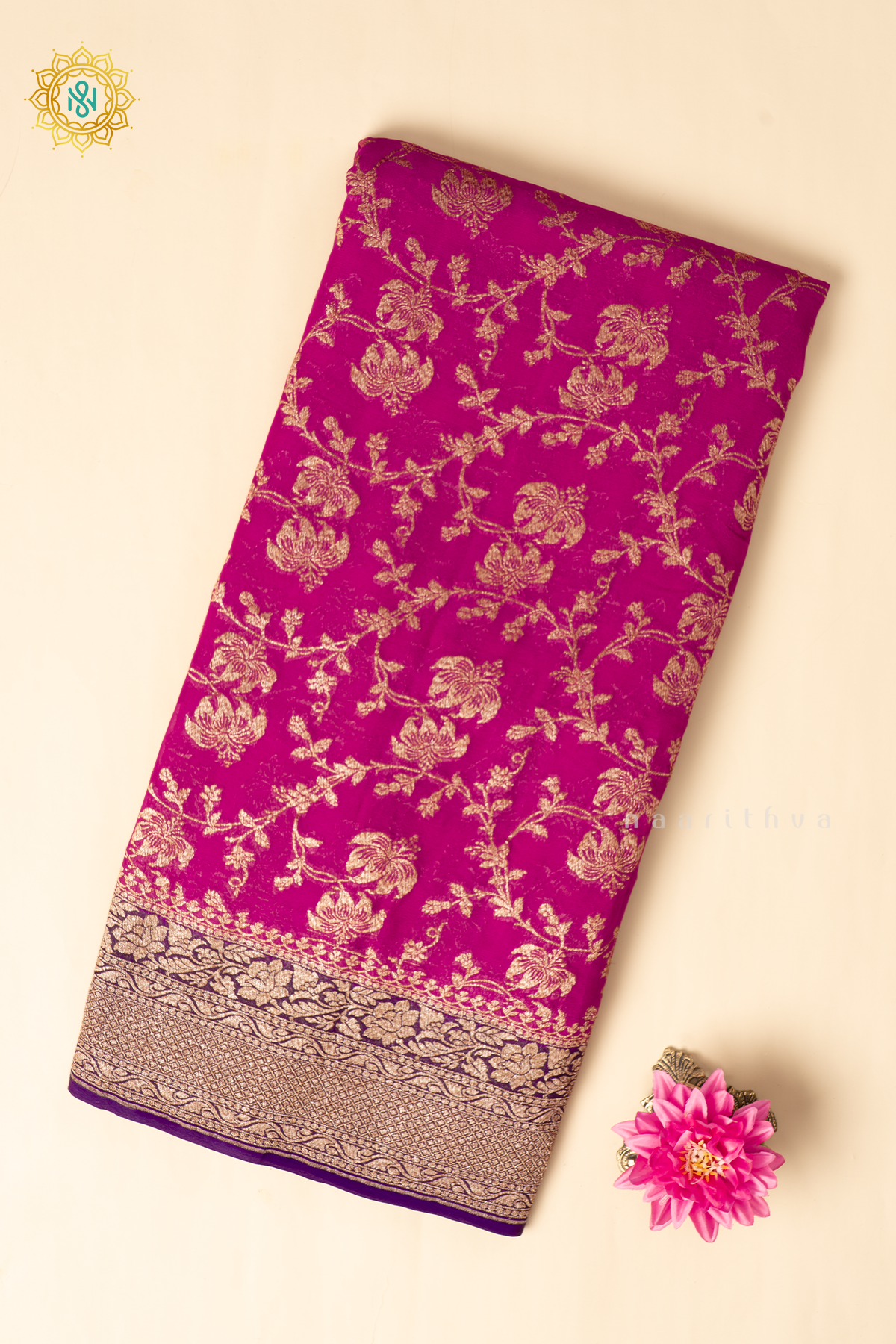 Pink With Purple Pure Banarasi Khaddi Georgette Allover Antique Zari Brocade Weaves On The Body With Contrast Zari Border & Pallu