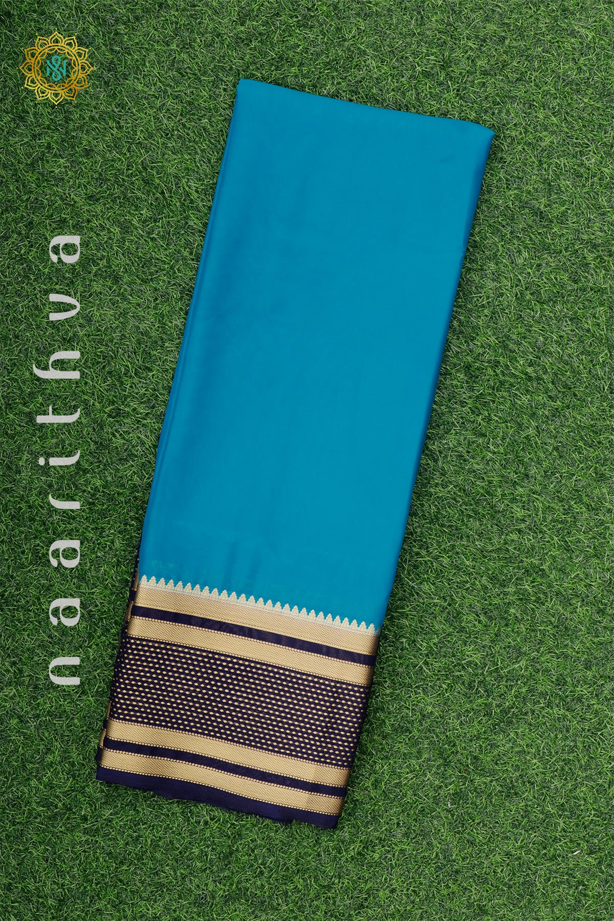 BLUE WITH NAVY BLUE - SEMI MYSORE CREPE SILK