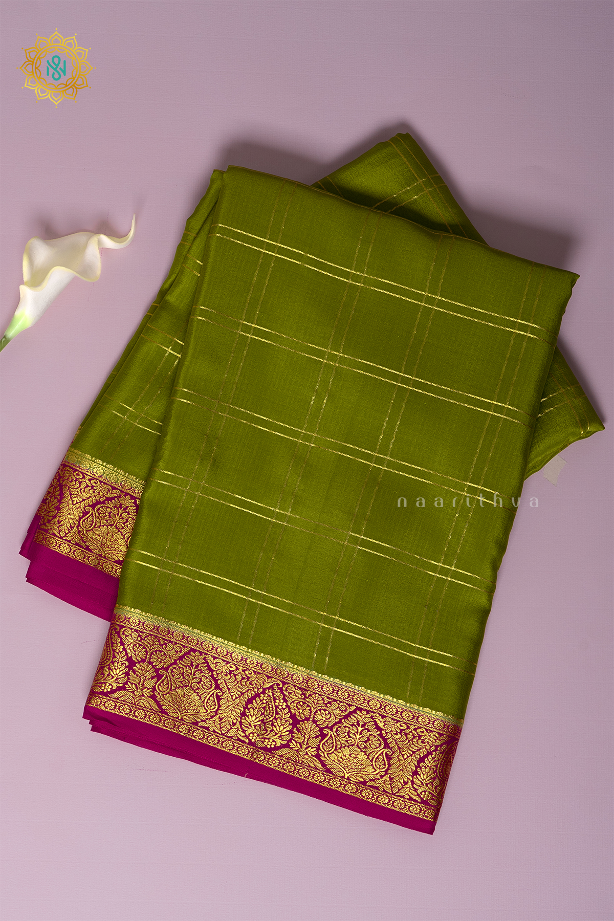 PARROT GREEN WITH PINK - PURE MYSORE CREPE SILK
