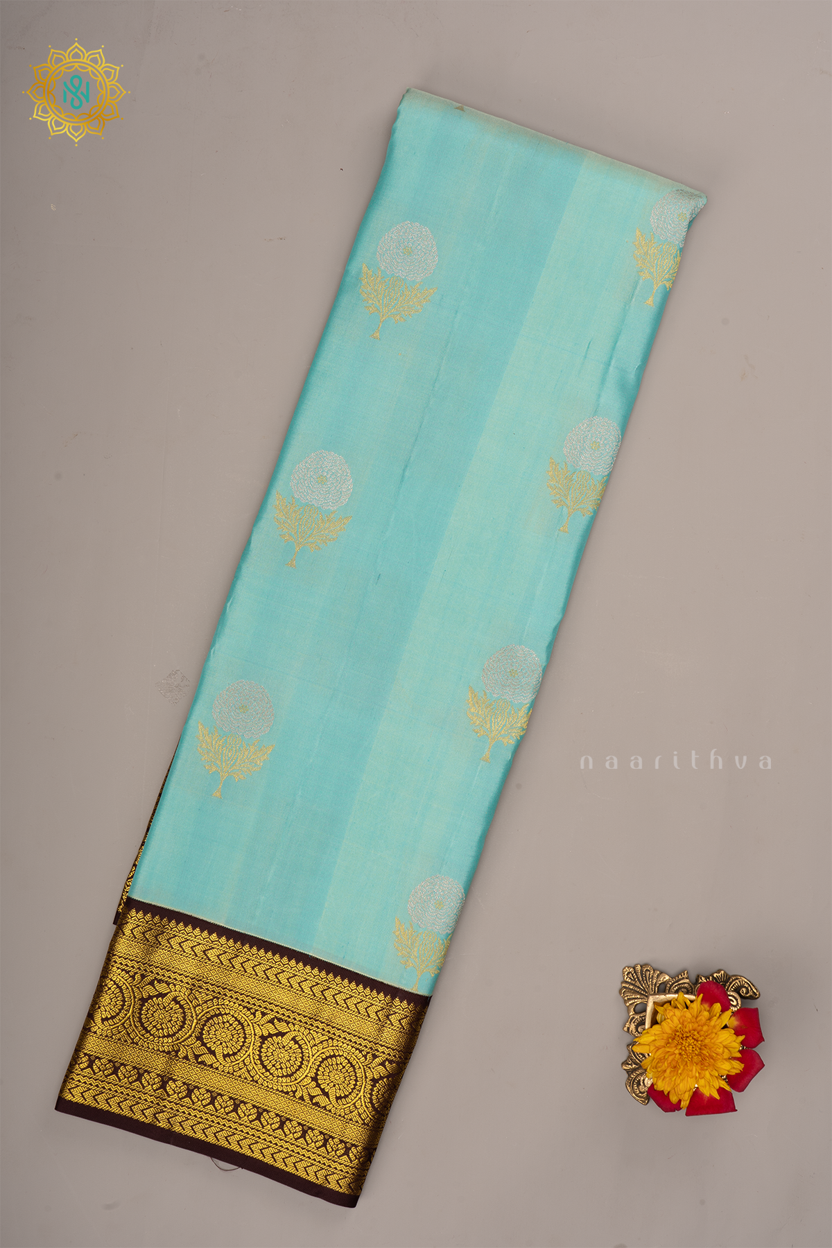 AQUA BLUE WITH DEEP WINE - PURE KANJIVARAM SILK